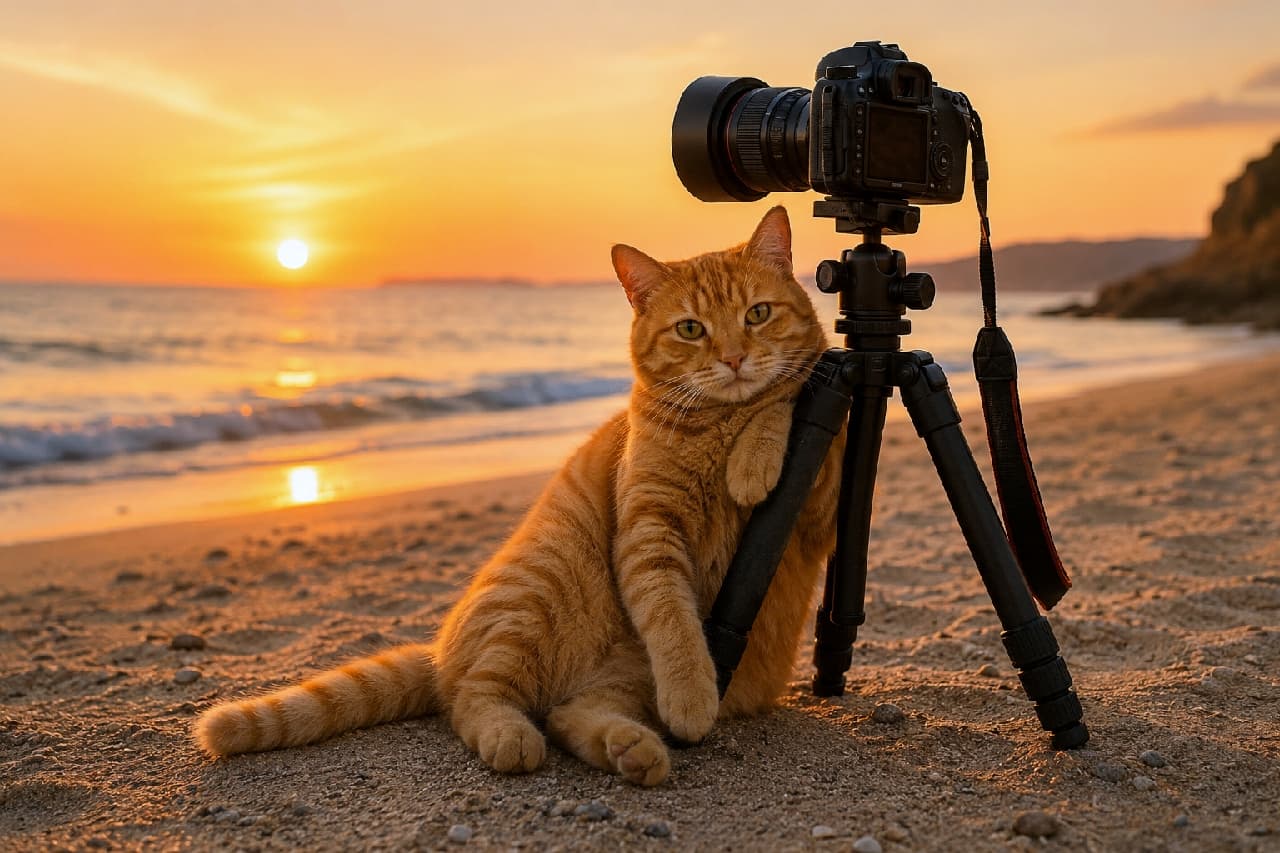 「夕日をバックにカメラマン気取りの茶トラちゃん🐈📸 一緒に最高の景色を撮影しに行きたい人🙋‍♀️✨ #カメラ #にゃんすたぐらむ #猫好きさんと繋がりたい #猫のいる暮らし」Ultra-realistic high-quality photograph of a beautiful orange tabby cat leaning its paws gently on a camera tripod at a beach during a golden sunset, with warm lighting illuminating its coat and calm green eyes looking directly at the viewer. 黄金色に輝く夕暮れの海辺で、立派な一眼レフカメラの三脚に前足をかけて寄り添う茶トラ猫。温かみのあるオレンジの被毛が夕日に美しく照らされ、穏やかで知的なグリーンの瞳がカメラ目線でこちらを見つめる、エモーショナルで美しい情景