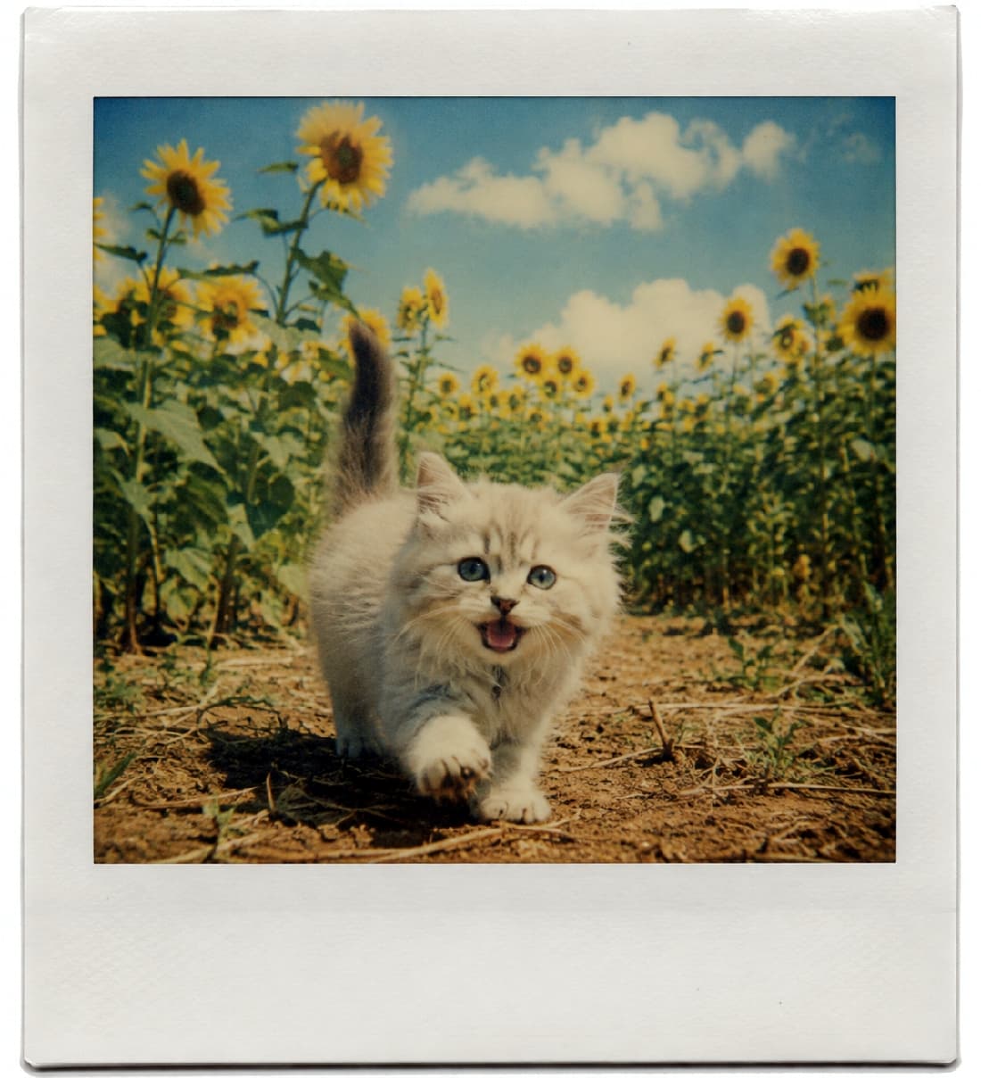 「夏休みの思い出の1枚🌻 青空とひまわりをバックにご機嫌な子猫ちゃん、とびっきりの笑顔をパシャリ📸☁️ #ミヌエット #ポラロイド #猫のいる風景 #にゃんすたぐらむ #猫好きさんと繋がりたい #猫のいる暮らし」Ultra-realistic high-quality polaroid-style photograph of a fluffy Minuet kitten with blue eyes walking happily on a dirt path in a blooming sunflower field under a blue summer sky, evoking a nostalgic, retro vibe with its characteristic white frame and faded colors. 夏の青空と満開のひまわり畑を背景に、土の道を元気いっぱいに歩くミヌエットの子猫を写したポラロイドカメラ風の写真。ふんわりとした真っ白な被毛と澄んだ青い瞳、あどけない表情が、レトロな色褪せ加工と白い余白のあるフレームによって、ひと夏の思い出のようにノスタルジックに表現されている