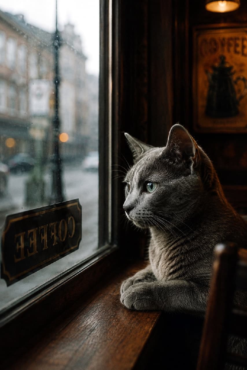 「雨の日のカフェは、特等席でまったりニャ☕️ 雨音に耳を傾ける横顔が美しすぎて見惚れてしまいますね✨ #ロシアンブルー #雨の日カフェ #猫のいる風景 #にゃんすたぐらむ #猫好きさんと繋がりたい #猫のいる暮らし」Ultra-realistic high-quality photograph of a Russian Blue cat with beautiful short blue fur resting its paws on a vintage wooden window sill, quietly looking out at a rainy street. Its emerald green eyes and smooth coat are nostalgically highlighted by the contrast between the warm indoor lamp light and the rainy scene outside in the coffee shop. 美しいブルーの短毛を持つロシアンブルーの猫が、ヴィンテージ調の木製窓枠に前足を乗せ、雨の降る街並みを静かに見つめている情景。エメラルドグリーンの瞳と滑らかな被毛が、店内の温かなランプの光と窓外の雨模様のコントラストによってノスタルジックに美しく引き立てられている一枚