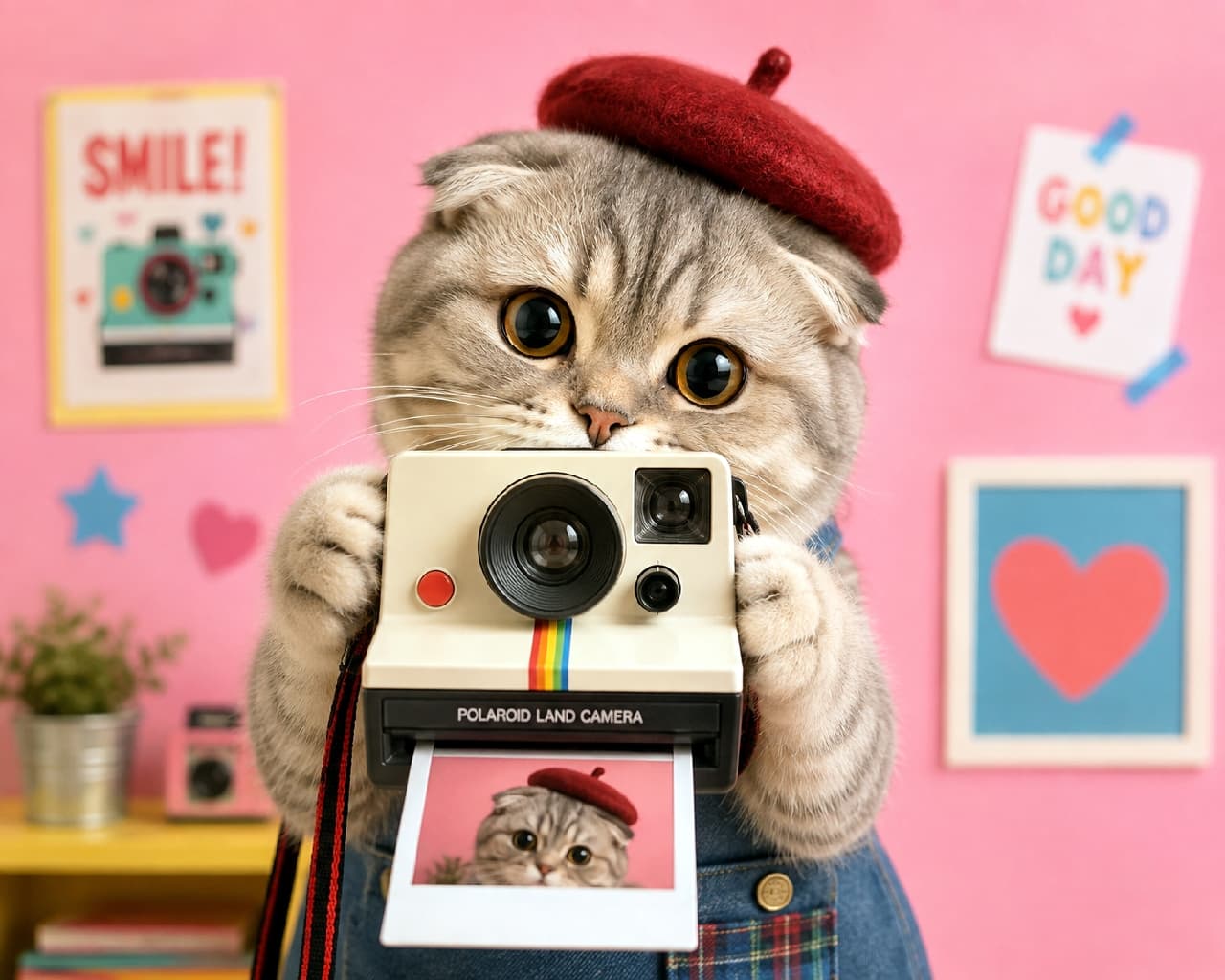 「はい、チーズ！📸 自分で自分を撮っちゃうおちゃめなカメラマンさん🐾 ピンクの壁と赤いベレー帽のレトロポップな世界観が最高にキュート💖 #スコティッシュフォールド #ポラロイド #レトロポップ #にゃんすたぐらむ #猫好きさんと繋がりたい #猫のいる暮らし」Ultra-realistic high-quality photograph of a silver tabby Scottish Fold cat wearing a red beret and denim overalls, holding a retro Polaroid camera. A cute picture of the cat is sliding out of the camera. The background features a vibrant pink wall with colorful pop art posters. 赤いベレー帽とデニムのオーバーオールを身にまとったサバトラのスコティッシュフォールドが、レトロなポラロイドカメラを構えている情景。カメラからは自身のキュートな写真が出力されており、ピンク色の壁とカラフルなポスターが飾られたポップで明るい雰囲気が魅力的な一枚