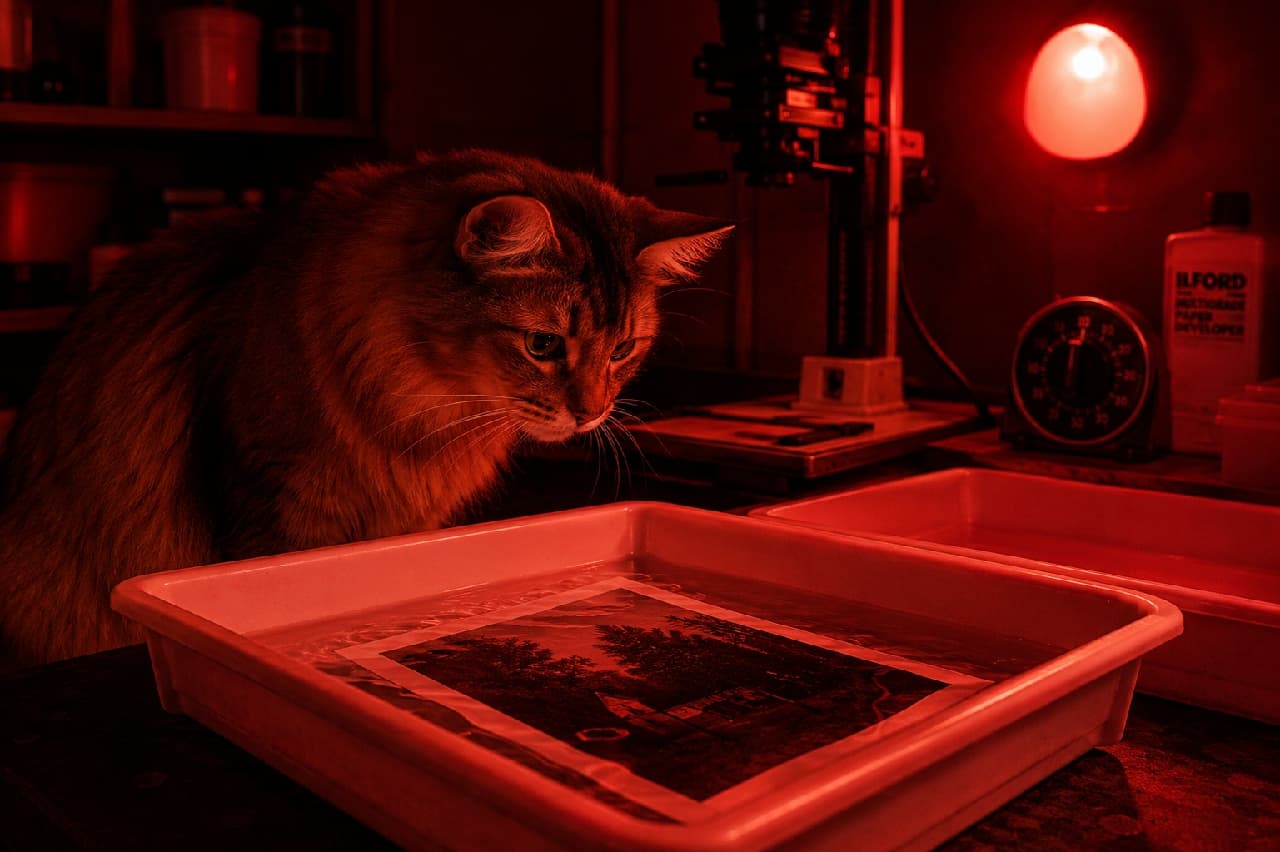 「魔法みたいに写真が浮かび上がってくるニャ…✨ 暗室での現像作業を真剣にお手伝いする職人肌なソマリ猫ちゃん🐈‍⬛❤️ #ソマリ #猫のいる風景 #にゃんすたぐらむ #猫好きさんと繋がりたい #猫のいる暮らし」Ultra-realistic high-quality photograph of a Somali cat intently watching a monochrome photo developing in a chemical tray inside a darkroom, with the entire scene dramatically illuminated by the deep red glow of a safelight. 赤いセーフライトに怪しくも美しく照らされた暗室で、現像液に浮かぶモノクロ写真を見つめるソマリ。ふさふさの被毛が赤い光をふんわりと反射し、真剣な眼差しで写真が浮かび上がる瞬間を静かに見守る、神秘的でドラマチックな情景