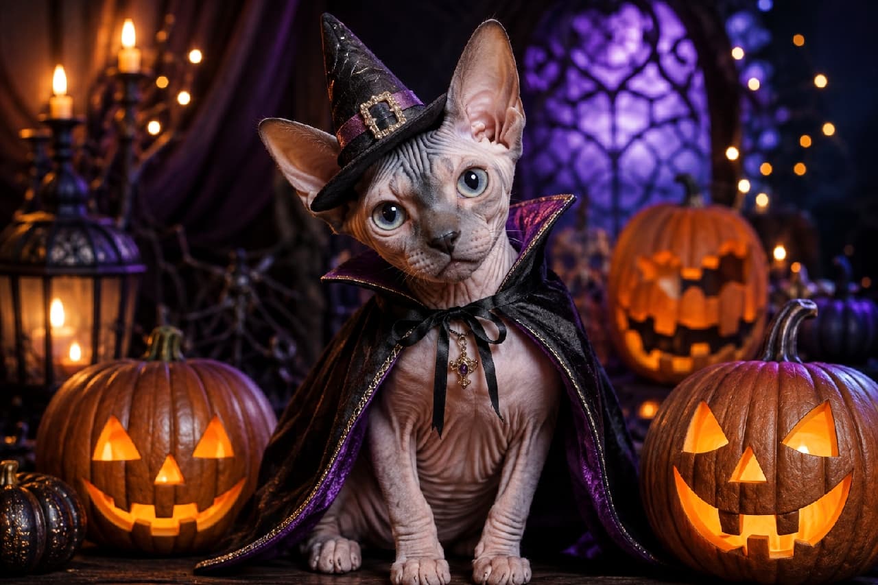 「ハロウィン撮影会はアタシが主役よ🧙‍♀️✨ 完璧なポージングで魅了する、ミステリアスな魔女っ子スフィンクスちゃん🦇💜 #スフィンクス #ハロウィン #猫のいる風景 #にゃんすたぐらむ #猫好きさんと繋がりたい #猫のいる暮らし」Ultra-realistic high-quality photograph of a Hairless Sphynx cat dressed in a witch hat and black cape, sitting in a festive Halloween photo studio set surrounded by glowing Jack-o'-lanterns and candles with magical bokeh lighting. 写真館の華やかなハロウィン用セットで、魔女の帽子と紫色の裏地がお洒落な黒いマントを纏ったスフィンクス猫。毛のない滑らかな肌の質感と大きなブルーの瞳が、周囲で妖しく輝くジャック・オー・ランタンやキャンドルの温かい光に照らし出された幻想的なポートレート