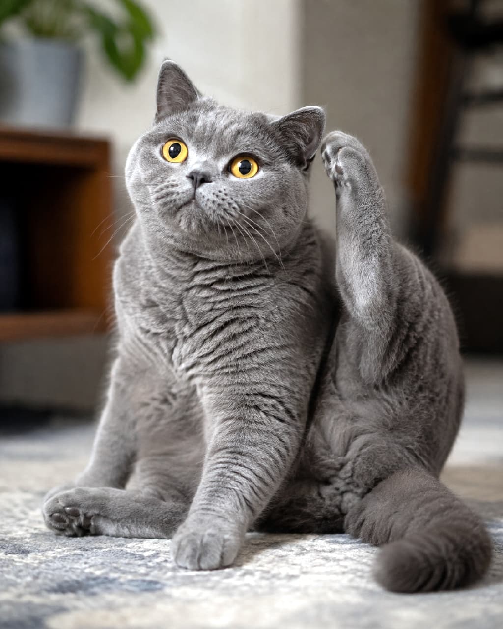 「どっしりボディで豪快に頭をカキカキ🐾 オレンジ色のおめめがパッチリ開いていて、見ているだけで元気が出ますね🧡 #ブリティッシュショートヘア #にゃんすたぐらむ #猫好きさんと繋がりたい #猫のいる暮らし」Ultra-realistic high-quality photograph of a British Shorthair boldly scratching its head with its left hind leg on a chic patterned rug. The stunning contrast between its dense blue-gray coat and wide, brilliant yellow-orange eyes is captured perfectly against a calm interior background, freezing a comical moment. シックな柄のカーペットの上で、左後ろ足を使って頭を大胆に掻いているブリティッシュショートヘア。密度の高いブルーグレーの被毛と、まん丸に見開かれた鮮やかなイエローオレンジの瞳のコントラストが絶妙で、落ち着いたインテリアを背景に猫のコミカルな瞬間が切り取られています