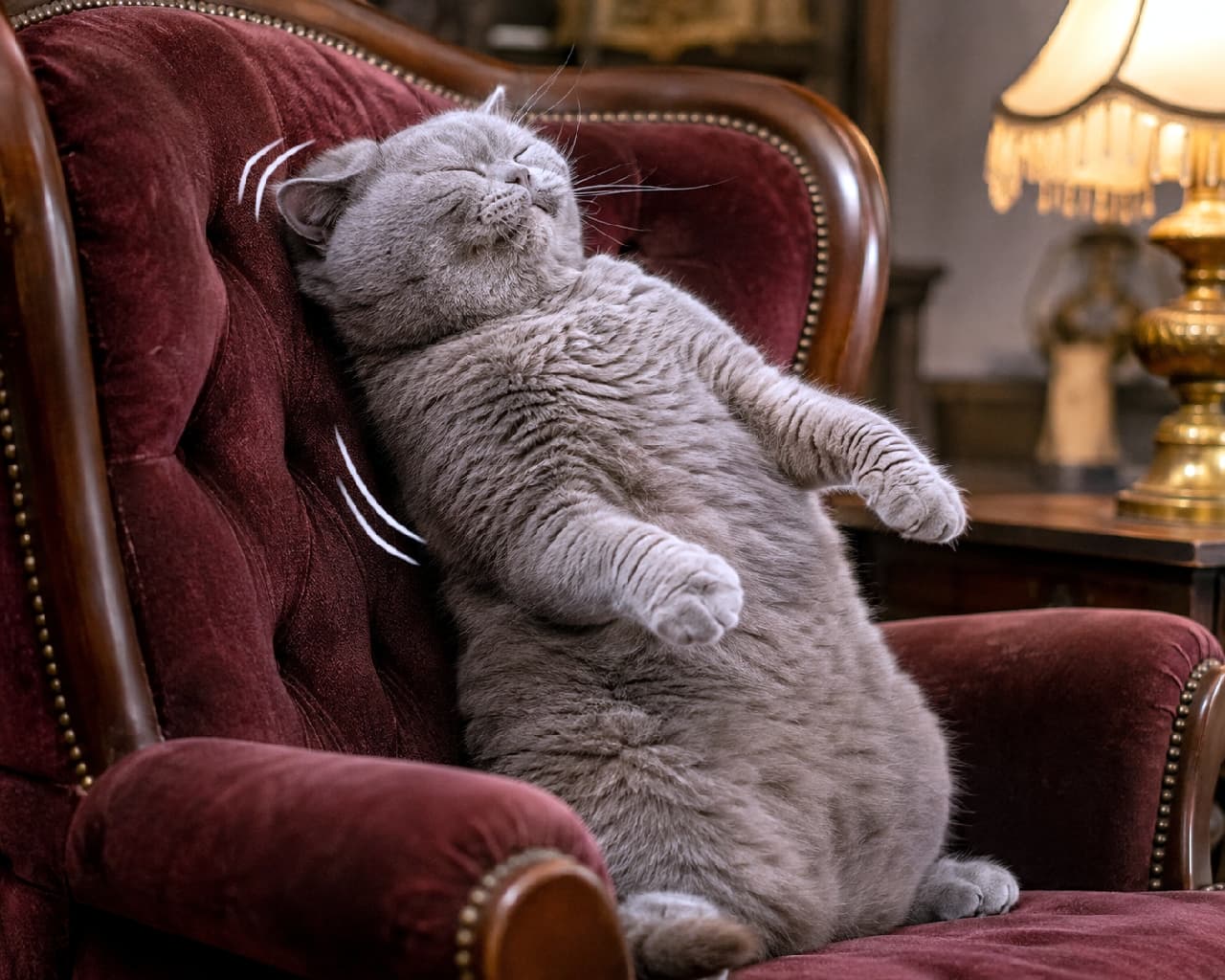 「ふかふか椅子で背中をスリスリ大満足🛋️目をギュッとつむったご満悦なお顔がクスッと笑えますね😻 #ブリティッシュショートヘア #にゃんすたぐらむ #猫好きさんと繋がりたい #猫のいる暮らし」Ultra-realistic high-quality photograph of a chunky British Shorthair sitting in a heavy bordeaux red antique chair, rubbing its back against the backrest with an expression of pure bliss. Its tightly closed eyes and dense, velvety blue-gray fur are illuminated by the warm light of a classic lamp. 重厚なボルドーレッドのアンティークチェアにどっしりと座り、背もたれに背中をこすりつけて至福の表情を浮かべるブリティッシュショートヘアの高画質写真。ギュッとつむった目と、密度が高くベルベットのようなブルーグレーの被毛が、温かみのあるクラシックなランプの光に照らされています