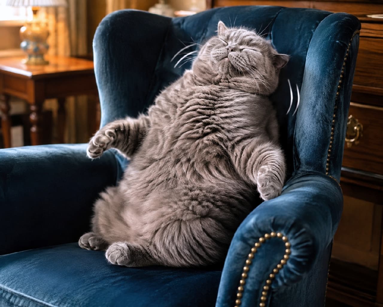 「お気に入りの椅子で背中をスリスリ大満足🛋️リッチなモフモフボディと至福のお顔がたまりませんね👑 #ブリティッシュショートヘア #にゃんすたぐらむ #猫好きさんと繋がりたい #猫のいる暮らし」Ultra-realistic high-quality photograph of a chunky British Shorthair sitting in a deep blue-green velvet armchair, rubbing its back against the backrest. Its highly satisfied expression with closed eyes and dense, fluffy blue-gray fur stand out in classic ambient lighting. 重厚な深いブルーグリーンのベルベット調ソファに座り、背もたれに背中を擦り付けるブリティッシュショートヘアの高画質写真。目を閉じたご満悦な表情と、密度が高くモフモフなブルーグレーの被毛が、クラシカルな間接照明の中で際立っています