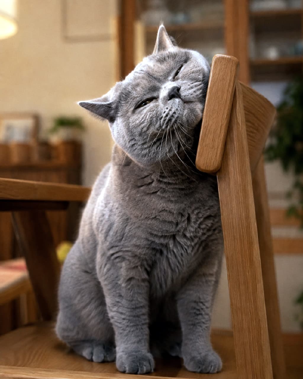 「木の椅子にほっぺをスリスリ大満足🐾もちもちボディとご満悦なお顔が最高に可愛くて癒やされますね💕 #ブリティッシュショートヘア #にゃんすたぐらむ #猫好きさんと繋がりたい #猫のいる暮らし」Ultra-realistic high-quality photograph of a British Shorthair cat rubbing its cheek against the back of a wooden chair in a warm dining room. Its dense blue-grey coat and satisfied expression with narrowed eyes are beautifully captured under soft indoor lighting. 温かみのあるダイニングルームで、木製チェアの背もたれに頬をスリスリと擦り付けているブリティッシュショートヘアの高画質写真。特有のブルーグレーの密な被毛と、目を細めた至福の表情が、柔らかな室内光に照らされて穏やかな日常の情景を描き出しています
