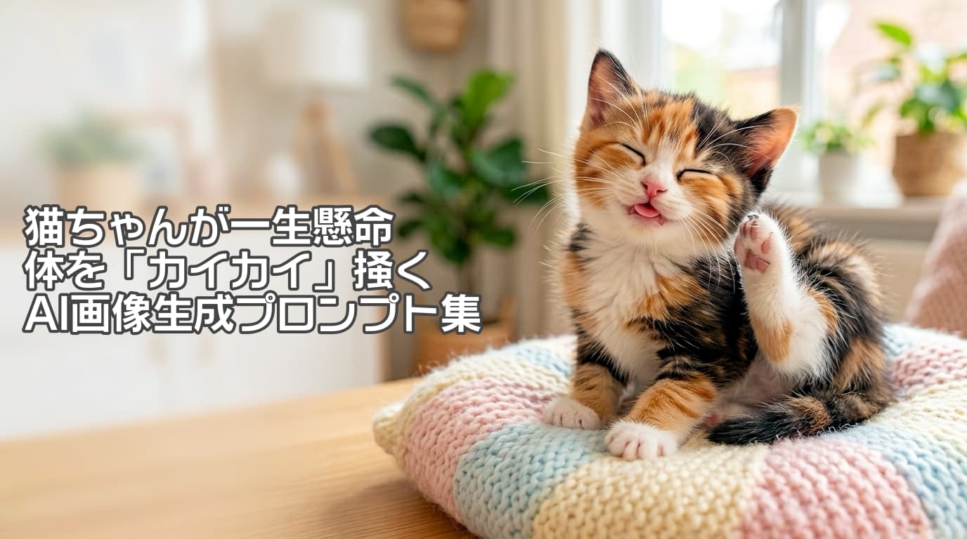 「「あ〜、そこそこ🐾」って声が聞こえてきそう🤤💕ぽかぽか陽気とふわふわクッションで至福のひととき🐈✨ #猫のいる暮らし #三毛猫」Ultra-realistic high-quality photograph of an adorable fluffy calico kitten sitting on a pastel-colored knitted cushion in a bright, sunlit room. The kitten has a blissful smile with tightly closed eyes and a tiny pink tongue sticking out while happily scratching behind its ear with its hind leg. The highly detailed image features realistic fur textures. 明るい自然光が差し込む部屋の窓辺で、パステルカラーの柔らかなニットクッションの上に座る、長毛種ミックスのふわふわとした三毛猫の子猫。目をギュッと閉じて至福の笑みを浮かべ、小さなピンクの舌を少し出しながら、後ろ足で耳の後ろを心地よさそうに掻いています。被毛の豊かな質感や三毛の鮮やかな模様がリアルに表現されています