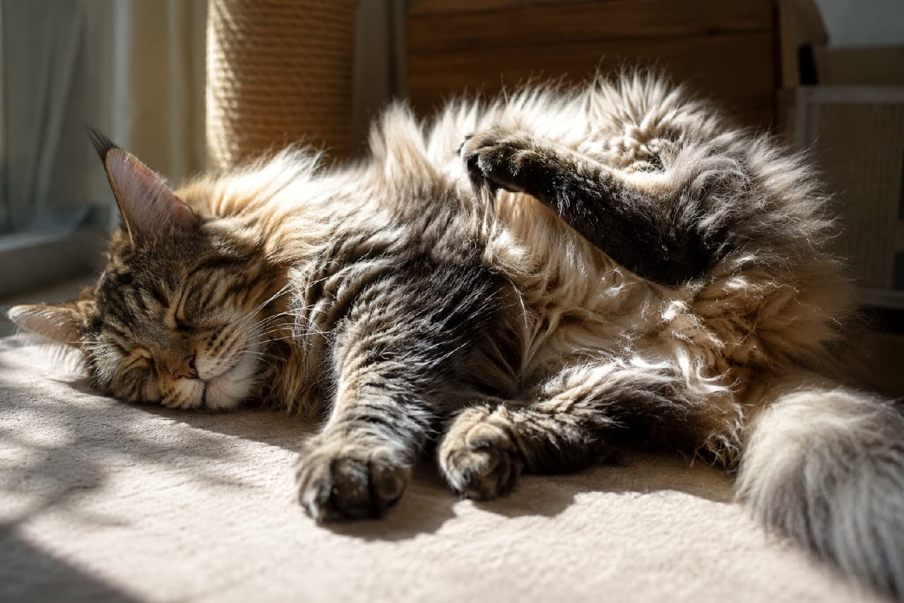 「眠りながらも足が動いちゃうニャ💤お日様の匂いがしそうなもふもふの毛並みに顔を埋めたくなりますね☀️ #メインクーン #猫のいる暮らし #至福のひととき #にゃんすたぐらむ #猫好きさんと繋がりたい」Ultra-realistic high-quality photograph of a sleeping Maine Coon cat basking in strong sunlight on a carpet. The image captures an anatomically natural moment as the cat, featuring distinct ear tufts and a thick brown tabby coat, scratches its ribcage with its hind paw while remaining fast asleep. 強い日差しが差し込むカーペットの上で、気持ちよさそうに横たわって眠る長毛のメインクーン。耳の先端にあるリンクスティップ(飾り毛)が美しく、眠りながらも後ろ足を上げて器用に脇腹を掻いているリアルな日常の瞬間です。ブラウン系の縞模様と豊かな毛並みが、光と影のコントラストによって立体的かつ重厚に浮かび上がっています