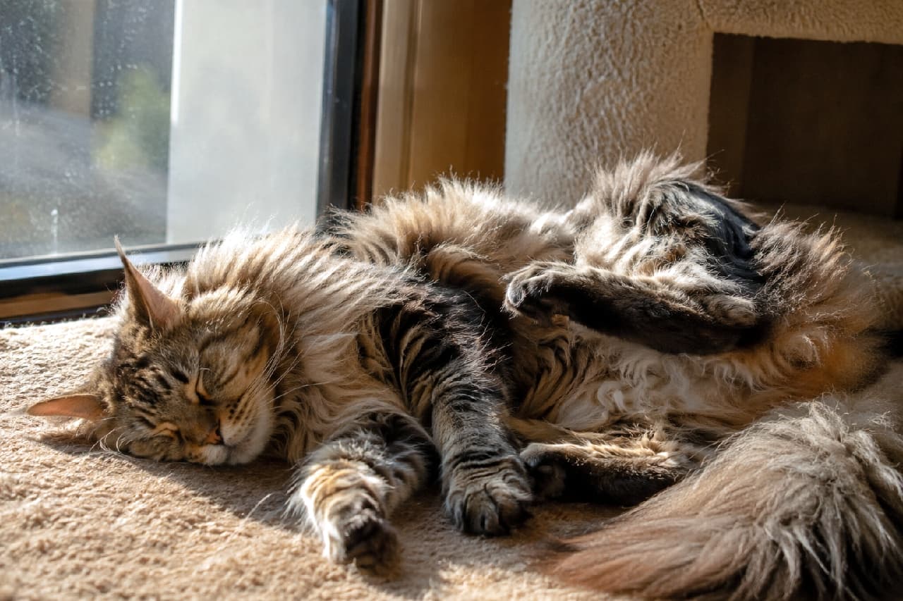 「ぽかぽか陽気の中、夢うつつで脇腹をカキカキ🐾無防備すぎる寝姿とゴージャスなもふもふボディが最高です🌞 #メインクーン #猫のいる暮らし #至福のひととき #にゃんすたぐらむ #猫好きさんと繋がりたい」Ultra-realistic high-quality photograph of a large, fluffy brown tabby Maine Coon cat sleeping peacefully on its side in a warm sunbeam. Its eyes are completely closed, and one hind leg is raised, gently scratching its own side in its sleep, with soft lighting highlighting the rich texture of its fur. 窓からの温かな陽光を浴びて横たわり、スヤスヤと眠るブラウンタビーのメインクーン。完全に目を閉じたリラックス状態のまま、曲げた左後ろ足で脇腹を優しく掻いている無防備なポーズです。長くふさふさの被毛が逆光気味の柔らかな光に透けて輝き、穏やかで心地よい室内の雰囲気を豊かに表現