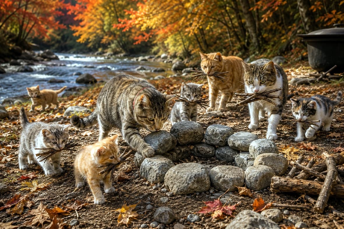 「みんなで力を合わせて焚き火の準備中🔥🐈 えらいね〜！ご褒美のお魚がいっぱいもらえそう🐟✨ #芋煮会 #にゃんすたぐらむ #猫好きさんと繋がりたい #猫のいる風景」Ultra-realistic high-quality photograph of hardworking cats and kittens, including tabbies, ginger, and calico, carrying small twigs in their mouths to build a campfire by a scenic autumn river. The sunlight filters through the colorful foliage, highlighting their beautiful fur patterns. 紅葉に彩られた秋の川辺で、焚き火用の石組みの周りに集まる働き者の猫たち。茶トラやキジトラ、三毛の仔猫たちが、小さな口に木の枝をくわえて一生懸命運んできています。川のせせらぎが聞こえてきそうな大自然の中、木漏れ日が猫たちのシマ模様や艶やかな被毛を美しく照らし出す、躍動感あふれる高画質写真