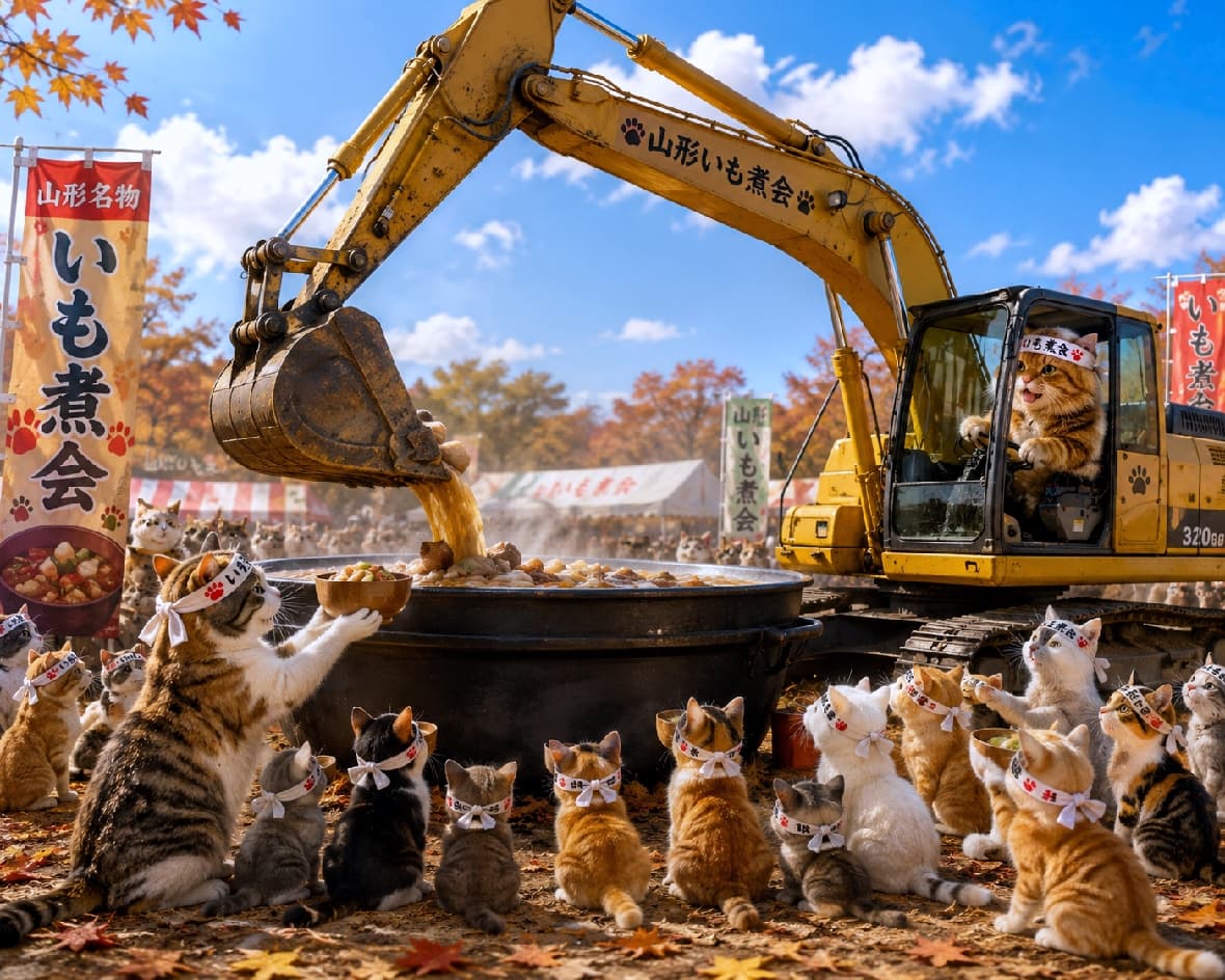 「熟練のショベルカー捌きで芋煮を完成させる職人猫さん参上😹🚜 みんなお椀を持って準備万端ニャ！🍲✨ #芋煮会 #にゃんすたぐらむ #猫好きさんと繋がりたい #猫のいる風景」Ultra-realistic high-quality photograph of a ginger tabby cat wearing a twisted headband operating a yellow excavator to pour ingredients into a colossal pot at an autumn festival. Surrounded by a crowd of excited cats with bowls, the contrast between the heavy machinery and the fluffy feline chefs creates a surreal and highly engaging scene. 青空と紅葉の下、ねじり鉢巻を締めた職人風の茶トラ猫が黄色いショベルカーを操縦し、巨大な鍋に具材を豪快に投入している驚きの風景。鍋の周りでは、同じく鉢巻をした三毛猫やサバトラ、キジトラなどお椀を持った大勢の猫たちが今か今かと待ち構えています。重機の金属の質感と猫たちのふわふわとした毛並みのコントラストが際立つ、大迫力の高画質写真