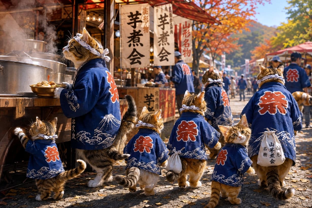 「お揃いの法被を着て、お祭り気分は最高潮ニャ👘🐾 屋台のいい匂いについつい寄り道しちゃいますね🍢🍁 #芋煮会 #にゃんすたぐらむ #猫好きさんと繋がりたい #猫のいる風景」Ultra-realistic high-quality photograph of cats walking through an autumn Imoni festival wearing matching traditional blue "Matsuri" (festival) coats. The detailed textures of the coats and their fluffy tails, combined with the vibrant food stalls and autumn leaves, create a charming and lively scene. 活気あふれる秋の芋煮会の屋台前を、「祭」と背中に描かれたお揃いの粋な紺色の法被を着た猫たちが歩く風景。キジトラや茶白の猫たちが二本足で立ったり、屋台の鍋を覗き込んだりしています。色鮮やかな紅葉と屋台の提灯、そして法被の布地の質感や猫たちのふっくらとした後ろ姿まで緻密に描写された、物語性のある高画質写真