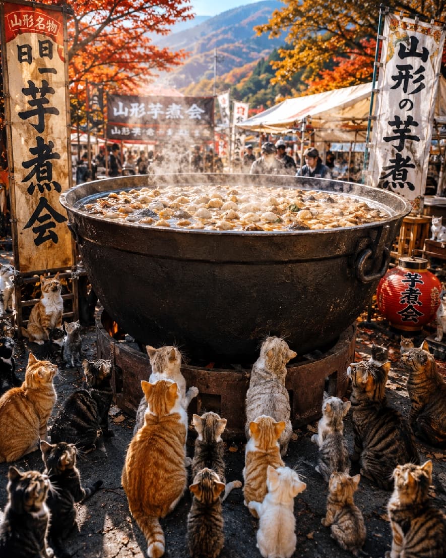 「ぐつぐつ煮える巨大なお鍋にみんな釘付け👀🍲 早く食べたいニャ〜！って声が聞こえてきそうですね🍁✨ #芋煮会 #にゃんすたぐらむ #猫好きさんと繋がりたい #猫のいる風景」Ultra-realistic high-quality photograph of various Japanese cats, including orange tabbies and tortoiseshells, gathered around a massive steaming iron pot at a lively autumn Imoni festival. The soft afternoon backlight highlights their fluffy coats against the beautiful autumn foliage. 紅葉が美しい秋の山形を思わせる活気ある芋煮会の風景。湯気を上げる巨大な鉄鍋を取り囲むように、茶トラ、キジトラ、サバトラ、三毛など多様な毛色の日本猫たちが興味津々な様子で見つめています。午後の柔らかな逆光が猫たちのふんわりとした被毛を照らし出す、極めてリアルで高画質な写真