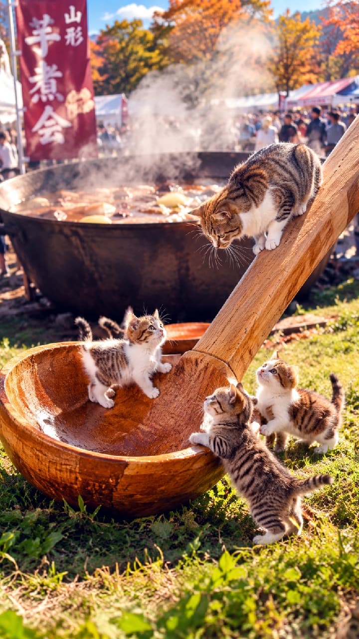 「巨大なお玉は最高のアスレチック😻🐾 落ちないように気をつけて遊ぶんだよ〜！🍂✨ #芋煮会 #にゃんすたぐらむ #猫好きさんと繋がりたい #猫のいる風景」Ultra-realistic high-quality photograph of playful tabby kittens exploring a giant wooden ladle at an autumn stew festival, while an adult brown-and-white tabby watches over them from the handle. The steaming pot and autumn leaves in the background create a festive atmosphere under bright sunlight.　賑やかな芋煮会の会場で、地面に置かれた巨大な木製のお玉をジャングルジムのようにして遊ぶ、キジトラやサバトラの元気な仔猫たち。その様子を、お玉の柄の上から優しい目で見下ろす成猫のキジ白猫がいます。背景には湯気を上げる大鍋と鮮やかな紅葉が広がり、秋の陽射しが仔猫たちの柔らかな毛を輝かせるリアルな高画質写真