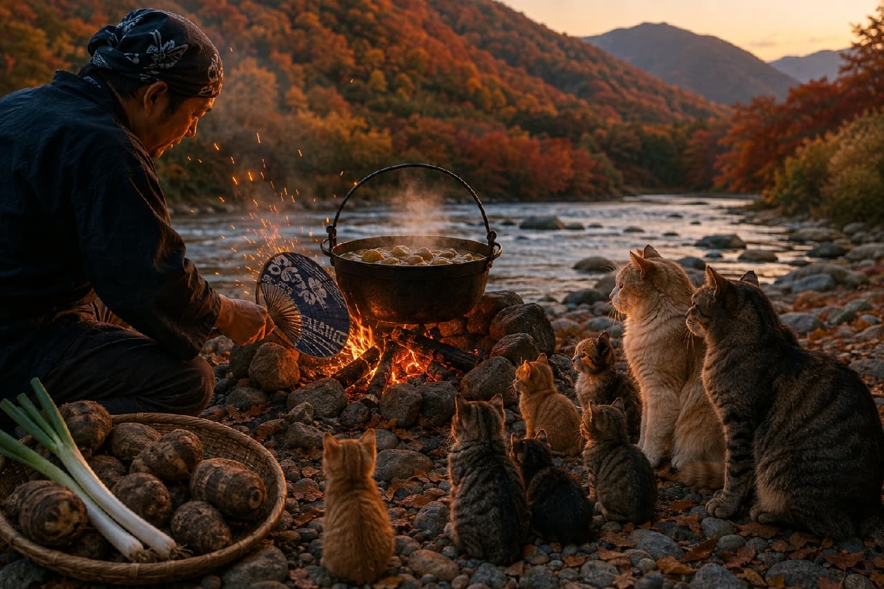 「夕暮れの川辺で焚き火を囲む特等席🐈✨ お肉の匂いにつられて、みんなで大人しく待機中です🌅🍲 #芋煮会 #にゃんすたぐらむ #猫好きさんと繋がりたい #猫のいる風景」Ultra-realistic high-quality photograph of a family of cats, including a fluffy orange-and-white longhair and tabbies, watching a man cooking stew over a campfire by a river at dusk. The warm orange sunset creates beautiful lighting on their fur and the glowing sparks. 夕暮れ時の美しい川辺で、男性がうちわで扇ぎながら焚き火で芋煮を作っている風景。その傍らで、長毛種の茶白猫やキジトラ、小さな仔猫たちが、パチパチとはぜる火の粉と湯気を真剣なまなざしで見つめています。夕日の暖かなオレンジ色の光が猫たちの横顔やフサフサの毛並みを立体的に浮かび上がらせる、情緒豊かな高画質写真