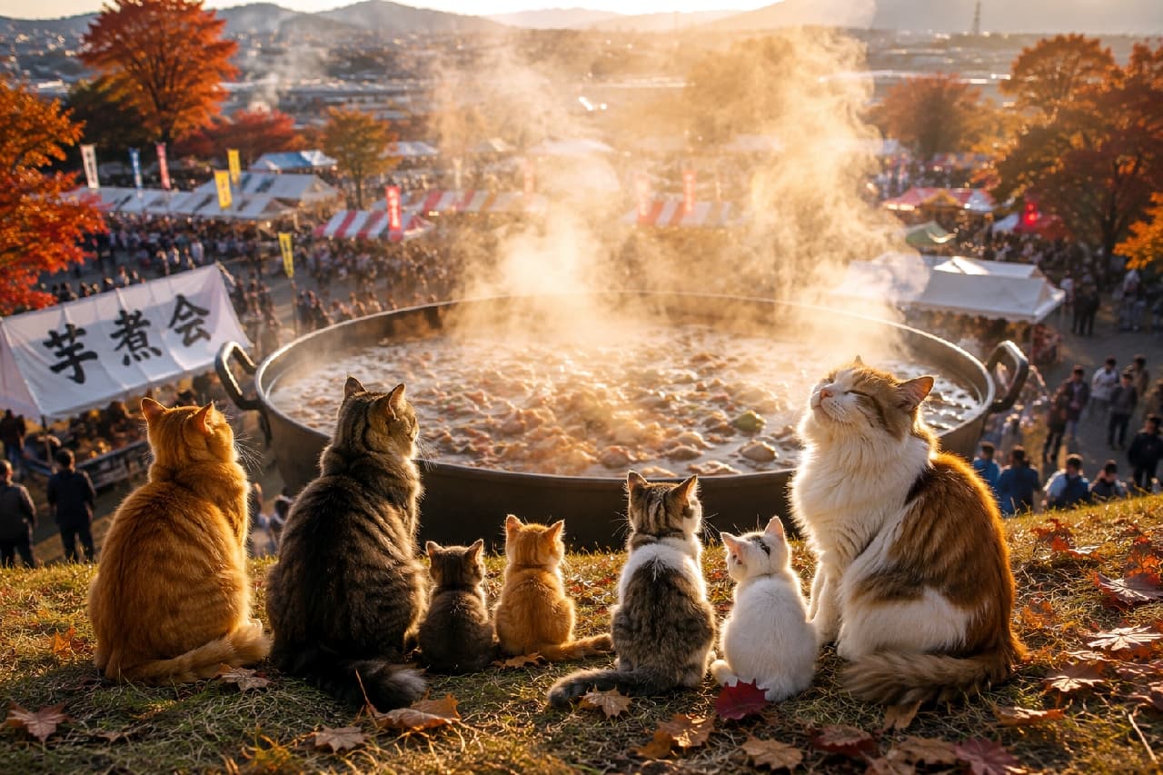 「夕日と美味しい匂いに包まれて、みんなでまったり特等席を満喫中🐈🌇 至福のひとときですね✨ #芋煮会 #にゃんすたぐらむ #猫好きさんと繋がりたい #猫のいる風景」Ultra-realistic high-quality photograph of a group of cats, including a fluffy ginger-and-white and various tabbies, sitting on a grassy hill at sunset, looking down at a massive steaming Imoni pot and festival below. The golden hour lighting creates beautiful rim light on their silhouettes, capturing a peaceful autumn moment. 美しい夕暮れ時、紅葉した丘の上の草地に並んで座り、眼下に広がる巨大な芋煮鍋と賑わう会場を見下ろす猫たちの後ろ姿。長毛の茶白猫は心地よさそうに目を細め、キジトラや小さな仔猫たちも静かに湯気を眺めています。黄金色の夕日が猫たちの柔らかな輪郭を黄金色に縁取り（リムライト）、秋の哀愁と温かさを感じさせる圧倒的な高画質写真