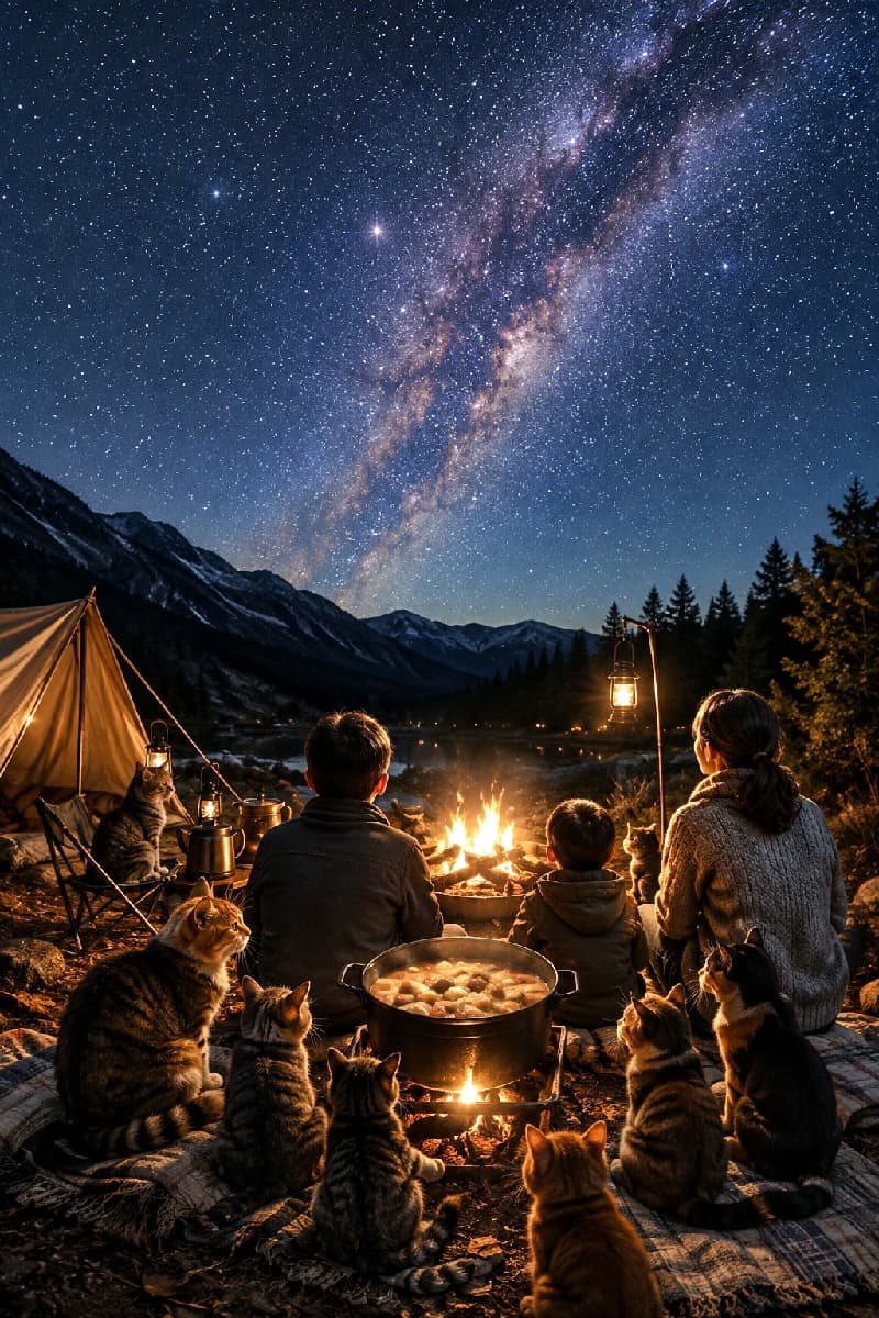 「キラキラのお星様とお鍋、どっちも綺麗だニャ〜🌠🔥家族みんなで過ごす特別なキャンプの夜は宝物ですね⛺️✨ #芋煮会 #にゃんすたぐらむ #猫好きさんと繋がりたい #猫のいる風景」Ultra-realistic high-quality photograph of a family and their cats, including tabbies and calicos, sitting around a campfire and a stew pot, looking up at a breathtaking Milky Way starry sky. The contrast between the warm glow of the fire and lanterns and the cool blue night sky creates a magical and serene camping scene. 息を呑むほど美しい天の川が広がる夜空の下、大自然のキャンプ場でパチパチと燃える焚き火と芋煮鍋を囲んで座る家族の後ろ姿。その周りには、キジトラや三毛猫など複数の猫たちが寄り添うように座り、一緒に炎や星空を見上げています。ランタンの暖かな光と冷たい夜空の青のコントラストが神秘的な高画質写真