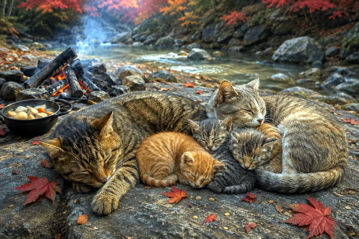 「お腹いっぱいでスヤスヤ夢の中🐾大自然の中のベッドは特別にあったかくて気持ちいいね🍁💤 #芋煮会 #にゃんすたぐらむ #猫好きさんと繋がりたい #猫のいる風景」Ultra-realistic high-quality photograph of two adult tabby cats and small ginger and tabby kittens sleeping peacefully huddled together on a large flat rock by an autumn stream. A campfire with a cooking pot is visible in the background under soft, natural lighting. 落ち葉が散る秋の渓流沿いで、大きな平らな岩の上で身を寄せ合って眠る2匹のキジトラ成猫と、その間に挟まれるように眠る茶トラとキジトラの子猫たち。奥には鍋のかかった焚き火があり、柔らかな自然光が猫たちの安らかな表情と美しい被毛を照らし出す高画質写真