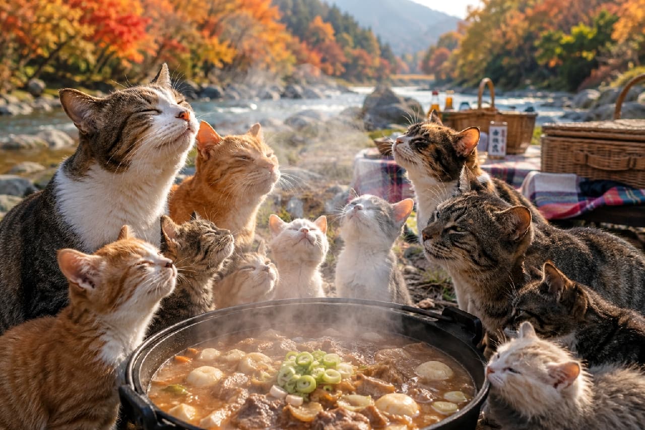 「みんなでお鼻をクンクン🍲✨はやく煮えないかな〜って待ち遠しいお顔がたまりません🐈🍁 #芋煮会 #にゃんすたぐらむ #猫好きさんと繋がりたい #猫のいる風景」Ultra-realistic high-quality photograph of various Japanese cats, including orange tabbies and calicos, gathered closely around a steaming iron pot of stew by an autumn river. They are all closing their eyes and lifting their noses to happily sniff the delicious aroma in the crisp autumn air. 色鮮やかな紅葉の川辺で、熱々の芋煮が煮える黒い鉄鍋をぐるりと囲む多様な日本猫たち。茶トラ、キジトラ、三毛、そして小さな子猫までが、一斉に目を細めて鼻を高く上げ、立ち上る美味しい湯気の匂いを幸せそうに嗅いでいます。ピントの合った猫たちの髭や艶やかな毛並みが、秋の逆光の中で美しく描写されたリアルな写真