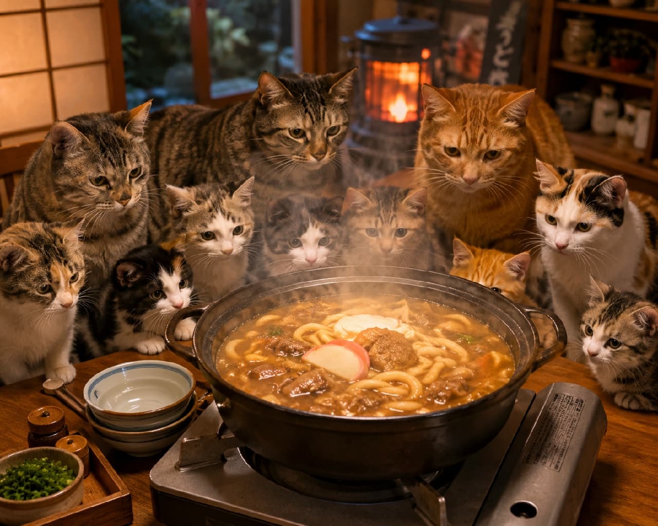 「ほかほかのお鍋からいい匂いがするニャ〜🍲🐾熱々のおうどん、みんなでフーフーして食べたいね！ #芋煮会 #にゃんすたぐらむ #猫好きさんと繋がりたい #猫のいる風景」Ultra-realistic high-quality photograph of various Japanese cats, including tabbies, ginger, calico, and tuxedo, leaning in around a steaming pot of nabeyaki udon in a traditional room. The warm orange glow from the stove in the background highlights their focused eyes and glossy fur. 古民家風の部屋で、ぐつぐつと煮え立つかまぼこ入りの鍋焼きうどんを囲むように身を乗り出すキジトラ、茶トラ、三毛、ハチワレなど多彩な日本猫たち。背後で燃えるストーブの温かなオレンジ色の光が、猫たちの真剣な瞳と艶やかな被毛のディテールを立体的に浮かび上がらせる高画質な写真