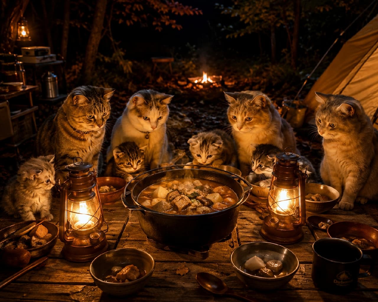 「夜のキャンプのお楽しみはやっぱりこれニャ🍲✨いい匂いがたまりません！みんなで仲良くいただきま〜す🐈🌙 #芋煮会 #にゃんすたぐらむ #猫好きさんと繋がりたい #猫のいる風景」Ultra-realistic high-quality photograph of several silver tabby and brown tabby cats, including kittens, gathered around a steaming Dutch oven of stew on a wooden table at a night campsite. The warm glow of vintage lanterns illuminates their focused expressions and fluffy fur against the dark forest background. 暗い夜の森のキャンプ場で、アンティークなランタンの灯りに照らされた木製テーブルを囲むサバ白やキジトラの猫たち。中央には湯気を立てる大きなダッチオーブンの芋煮鍋があり、成猫も小さな子猫も一様に真剣な表情で鍋の中の具材を見つめています。闇夜に浮かび上がる猫たちのふんわりとした輪郭と、炎の反射が目に宿る美しい写真