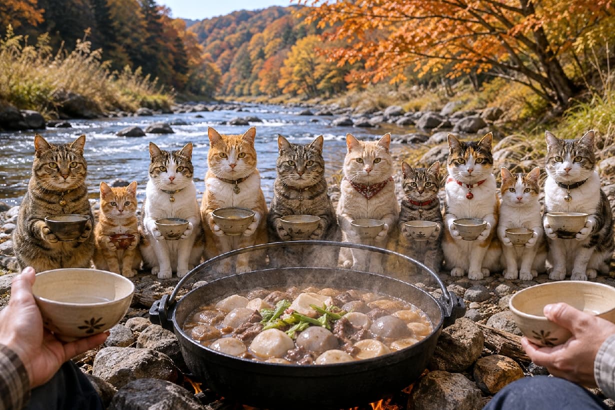 「みんなでお椀を持って準備万端ニャ🍲✨お外で食べる熱々のご飯は最高においしいね🍁🐾 #芋煮会 #にゃんすたぐらむ #猫好きさんと繋がりたい #猫のいる風景」Ultra-realistic high-quality photograph of Japanese cats, including tabbies, ginger, and calico, lined up by an autumn river holding small bowls in their paws. They eagerly wait in front of a large steaming pot of taro stew under bright sunlight highlighting their fluffy fur. 豊かな紅葉を背景にした秋の川辺で、キジトラ、茶トラ、三毛などの日本猫たちが一列に並び、前足でお椀を両手持ちしているリアルな高画質写真。手前にはぐつぐつと煮える里芋やネギが入った大きな鍋があり、人間とお揃いでお食事を待つ真剣な丸い瞳とモフモフの被毛が秋の陽光に照らされています