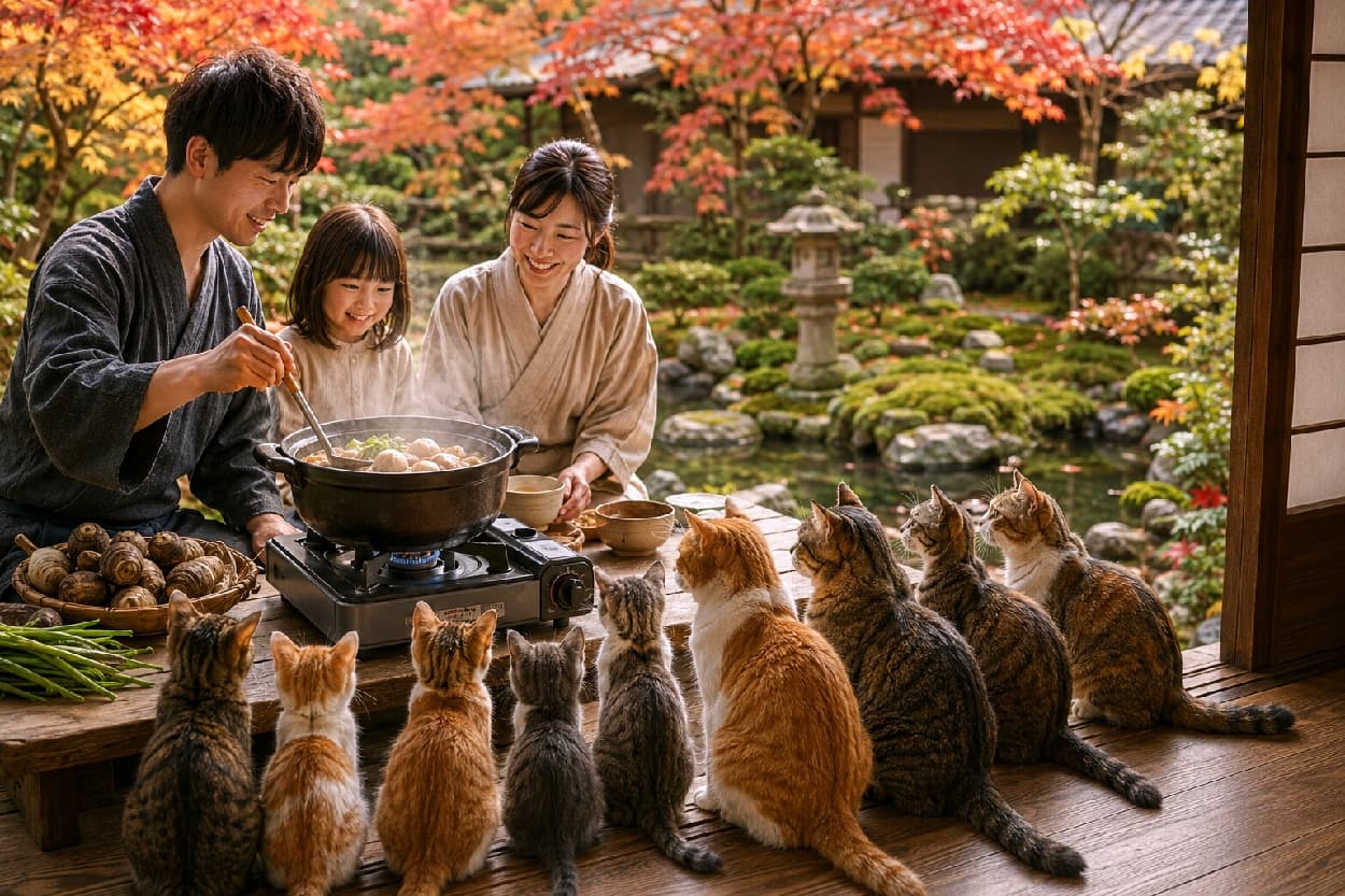 「みんなで並んで、お鍋が煮えるのをいい子で待ってるニャ🐈🍲家族の笑顔とお外の紅葉に心があったかくなります🍁✨ #芋煮会 #にゃんすたぐらむ #猫好きさんと繋がりたい #猫のいる風景」Ultra-realistic high-quality photograph of a row of Japanese cats, including ginger, tabby, and calico, sitting politely on a wooden engawa (veranda) facing a smiling family cooking taro stew on a portable stove. The beautiful autumn Japanese garden in the background adds depth and a peaceful atmosphere. 美しい日本庭園と紅葉を望む秋の縁側で、カセットコンロで芋煮鍋を囲んで笑顔を見せる家族3人。その手前の板間には、茶トラ、キジトラ、三毛など多彩な柄の日本猫たちが横一列に綺麗にお座りし、ご飯ができるのを大人しく待つ丸みを帯びた愛らしい後ろ姿が精細に描写された高画質写真
