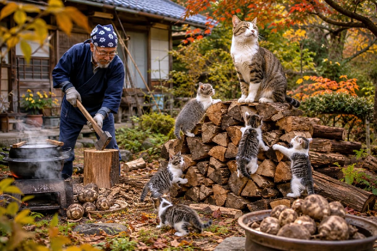 「薪の山は僕たちの特製アスレチックだニャ🧗‍♂️✨おじいちゃんの薪割りを見守る姿が最高にキュート！🍁 #芋煮会 #にゃんすたぐらむ #猫好きさんと繋がりたい #猫のいる風景」Ultra-realistic high-quality photograph of a majestic tabby-and-white adult cat sitting atop a pile of firewood, while playful kittens climb around it in a traditional Japanese autumn garden. An elderly man chops wood nearby, with a steaming cooking pot and warm autumn sunlight illuminating the cats' detailed fur patterns. 趣ある日本家屋の秋の庭で、作務衣姿の男性が薪割りをする傍ら、高く積まれた薪をアスレチックのようにして登るキジ白やサバトラの子猫たち。その頂上では、立派な体格のキジ白の成猫が誇らしげに周囲を見渡しています。立ち上る鍋の湯気と秋の木漏れ日が、猫たちのシマ模様を鮮やかに浮かび上がらせる高画質写真