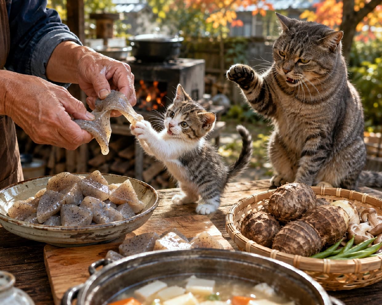 「こんにゃくはプニプニしてて不思議だニャ🐾お料理のお手伝い（？）を全力で頑張る姿に癒されますね🍲✨ #芋煮会 #にゃんすたぐらむ #猫好きさんと繋がりたい #猫のいる風景」Ultra-realistic high-quality photograph of a playful tabby-and-white kitten reaching for konjac being prepared by human hands, alongside a large brown tabby cat raising its paw in an autumn garden. Sunlight highlights their fur against a background of autumn leaves, taro roots, and a simmering pot. 鮮やかな紅葉が美しい秋の庭先で、人間の手でちぎられるこんにゃくに前足を伸ばしてイタズラしようとする元気なキジ白の子猫と、それを鋭い視線で見つめながら前足を上げる大きなキジトラの成猫。手前には里芋や煮える鍋が配置され、逆光気味の秋の光が猫たちの毛並みを立体的に美しく捉えた高画質写真