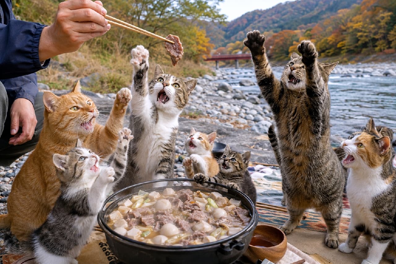 「そのお肉、絶対私のだニャー！！🐾🔥みんなの必死すぎるアピール合戦に思わず笑っちゃいますね😹🍲 #芋煮会 #にゃんすたぐらむ #猫好きさんと繋がりたい #猫のいる風景」Ultra-realistic high-quality photograph of an excited group of cats, including tabby-and-white, ginger, and calico, standing on their hind legs and reaching out with their paws toward a piece of meat held by a human's chopsticks over a stew pot at an autumn riverside. 秋の川辺で芋煮鍋を囲む中、人間が割り箸で持ち上げた大きなお肉に向かって、キジ白、茶トラ、三毛などの猫たちが一斉に立ち上がり、肉球を開いた前足を高く伸ばして大興奮している瞬間。大きく見開かれた丸い目や開いた口、必死なポーズがユーモラスで、手前の鍋の具材までくっきりとピントが合った臨場感あふれる高画質写真