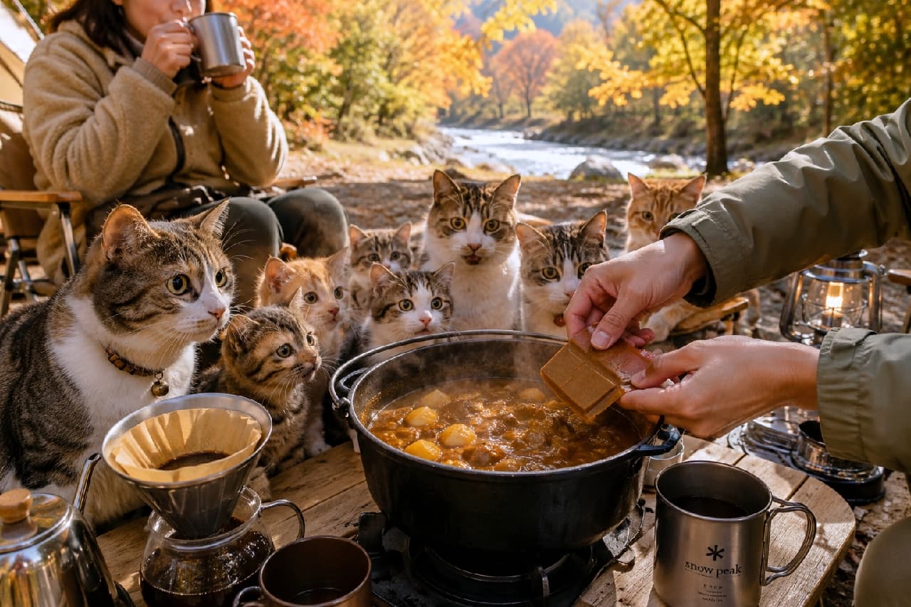 「ご飯作りのクライマックスにみんな大注目ニャ！！👀✨美味しい匂いがお外いっぱいに広がって待ちきれないね🏕️🍁 #芋煮会 #にゃんすたぐらむ #猫好きさんと繋がりたい #猫のいる風景」Ultra-realistic high-quality photograph of a group of expressive cats, including tabby-and-white and ginger, staring intently with wide eyes as a human hand adds roux to a simmering Dutch oven at an autumn riverside camp. Coffee gear and a lantern sit in the foreground, with precise details on the cats' fluffy fur. 紅葉の川辺でのキャンプシーンで、人間の手が黒いダッチオーブンにカレールーのような固形ルーを投入する瞬間。その様子を、大きな瞳をまん丸に見開いて食い入るように見つめるキジ白、茶トラ、サバトラの猫たちの豊かな表情。手前のコーヒー器具やランタン、猫たちのモフモフの被毛がクリアに描写された高画質写真
