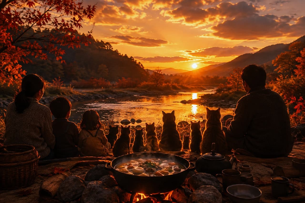 「家族みんなで見る夕焼けは特別だね🌅🐈パチパチ鳴る焚き火の音と美味しいご飯で最高の秋の夜🍁✨ #芋煮会 #にゃんすたぐらむ #猫好きさんと繋がりたい #猫のいる風景」Ultra-realistic high-quality photograph of a family of four and their multiple cats sitting by a river, their backs to the camera, watching a breathtaking golden sunset. A campfire with a steaming pot sits in the foreground, creating warm silhouettes of the humans and felines. 燃えるような夕焼け空が川面を黄金色に染め上げる中、岸辺に腰掛けて夕日を見つめる4人の家族と、その間にちょこんと座るたくさんの猫たちの美しい後ろ姿。手前では石組みの焚き火で大きな鍋が湯気を立てています。人間と猫たちのシルエットが夕暮れの逆光によって暖かく浮かび上がる、情緒的でリアルな高画質写真