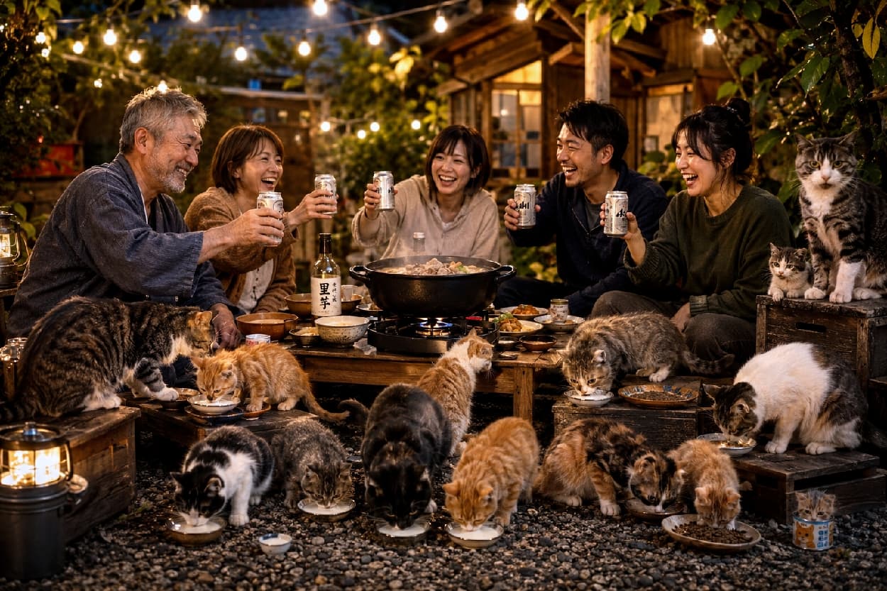 「家族の乾杯と一緒に、猫たちも豪華なディナータイムニャ🍺🐾キラキラの夜風の中で食べるご飯は最高だね！ #芋煮会 #にゃんすたぐらむ #猫好きさんと繋がりたい #猫のいる風景」Ultra-realistic high-quality photograph of four smiling people toasting with canned beer around a large stew pot in a garden illuminated by nostalgic string lights. Surrounding them, numerous cats, including ginger, tuxedo, and calico, eagerly eat their dinner, creating a vibrant and heartwarming night scene. ノスタルジックなガーデンライトが照らす夜の庭先で、大きな芋煮鍋を囲んで笑顔で缶ビールを掲げる男女4人。その周囲や木箱の上で、茶トラ、白黒、三毛などたくさんの猫たちが夢中でミルクやご飯を味わう、賑やかで多幸感に満ちた極めてリアルな高画質写真