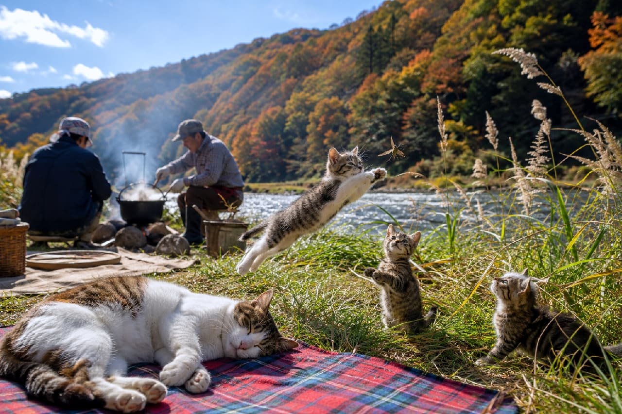 「ご飯ができるまで全力で遊ぶニャン🐾✨いっぱい走った後はお昼寝タイムだね🌾🐈 #芋煮会 #にゃんすたぐらむ #猫好きさんと繋がりたい #猫のいる風景」Ultra-realistic high-quality photograph of energetic tabby kittens jumping to catch an insect by an autumn river, while an adult tabby-and-white cat sleeps peacefully on a red plaid blanket. Humans cook over a campfire in the background under clear, bright autumn sunlight. 秋晴れの川辺で、ススキの舞う中を高くジャンプして虫取りに夢中になる元気なキジトラの子猫たち。手前の赤いチェック柄のレジャーシートでは、立派な体格のキジ白猫が心地よさそうに目を閉じてお昼寝しています。奥では人間が焚き火で調理をしており、陽射しが子猫の躍動感あるポーズを鮮明に捉えた高画質写真