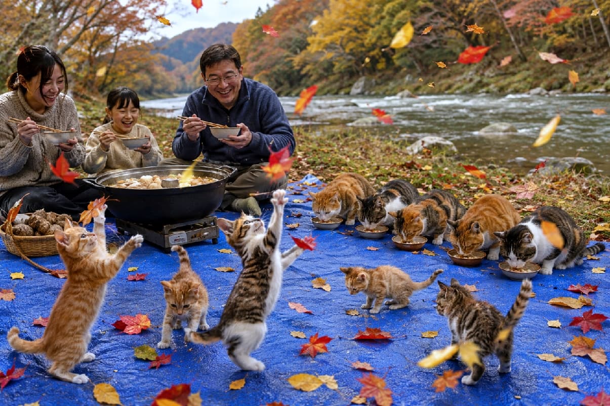 「ひらひら落ちてくる葉っぱを捕まえるニャー！🐾🍂家族みんなで過ごす川辺のピクニックは笑顔があふれてます☺️🍲 #芋煮会 #にゃんすたぐらむ #猫好きさんと繋がりたい #猫のいる風景」Ultra-realistic high-quality photograph of a lively riverside autumn picnic on a blue tarp. In the foreground, playful ginger and tabby-and-white kittens jump to catch falling red maple leaves, while adult cats eat from bowls nearby. In the background, a happy human family enjoys a large pot of stew. 色鮮やかな秋の川辺に敷かれたブルーシートの上で、ひらひらと舞い落ちる赤いもみじの葉に向かって元気いっぱいにジャンプする茶トラやキジ白の子猫たち。右側では成猫たちが一列に並んでお皿からご飯を食べ、奥では笑顔の家族が大きなお鍋で芋煮を楽しんでいます。猫と人間の幸せな共有空間を色鮮やかに切り取った高画質写真