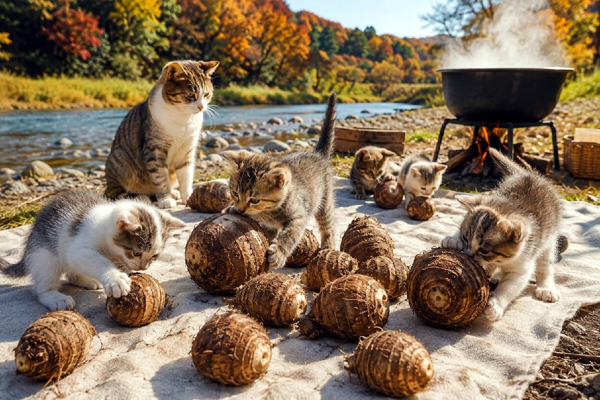 「これはおもちゃじゃないニャ！？🥔🐾大きなお芋に夢中なちびっ子たちが可愛すぎる🍁✨ #芋煮会 #にゃんすたぐらむ #猫好きさんと繋がりたい #猫のいる風景」Ultra-realistic high-quality photograph of curious tabby and white kittens playing with large, earthy taro roots on a white cloth by an autumn river. An adult tabby-and-white cat watches over them gently, with a steaming cooking pot in the background under soft autumn light. 紅葉が美しい川辺に敷かれた白い布の上で、ゴロゴロと転がる大きな泥付きの里芋に前足をかけたり匂いを嗅いだりして遊ぶキジトラやサバ白の子猫たち。その後ろから、保護者のようなサバ白の成猫が優しい眼差しで見守っています。背景の鍋から立ち上る湯気と、秋の柔らかな光が子猫たちの細い毛を輝かせる高画質写真