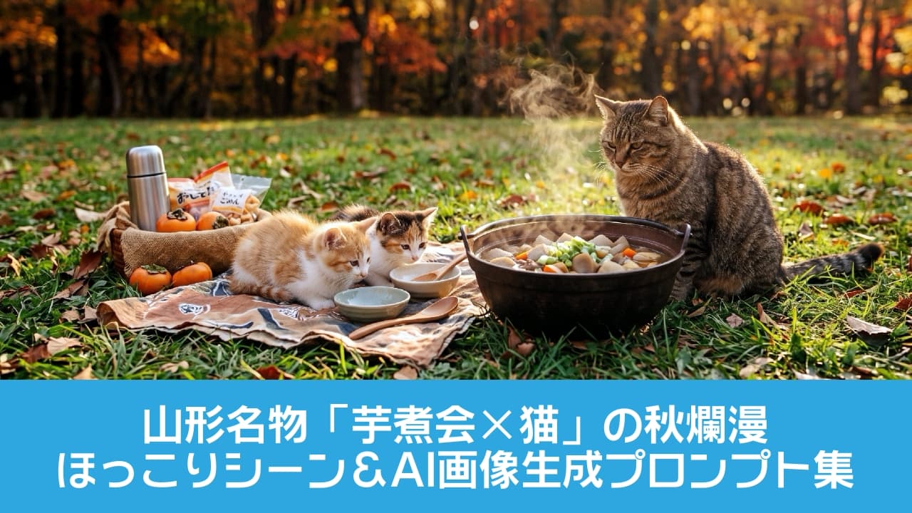 「秋空の下で食べるお鍋は最高ニャ🍲✨ みんなでフーフーして、心も体もポカポカ温まるピクニックです🐈🍂」Ultra-realistic high-quality photograph of a fluffy adult tabby cat and two cute kittens (ginger-and-white and calico) having a cozy Japanese \\\"Imoni\\\" (taro stew) picnic outdoors. A rustic iron pot steaming with delicious stew sits on a grassy field, illuminated by soft golden hour sunlight with beautiful autumn foliage in the background. 鮮やかな赤や黄色の紅葉が広がる秋の森の草地で、湯気を上げる熱々の芋煮鍋を囲む猫たちのピクニック風景。右側にはどっしりとお座りして鍋を見つめるキジトラの成猫、左側の柄物の敷物の上には、お行儀よく並んだ茶白と三毛の小さな子猫がいます。ゴールデンアワーの暖かな日差しが猫たちのふんわりとした被毛や周囲の落ち葉、柿などを美しく照らし出す、シネマティックで高画質な写真
