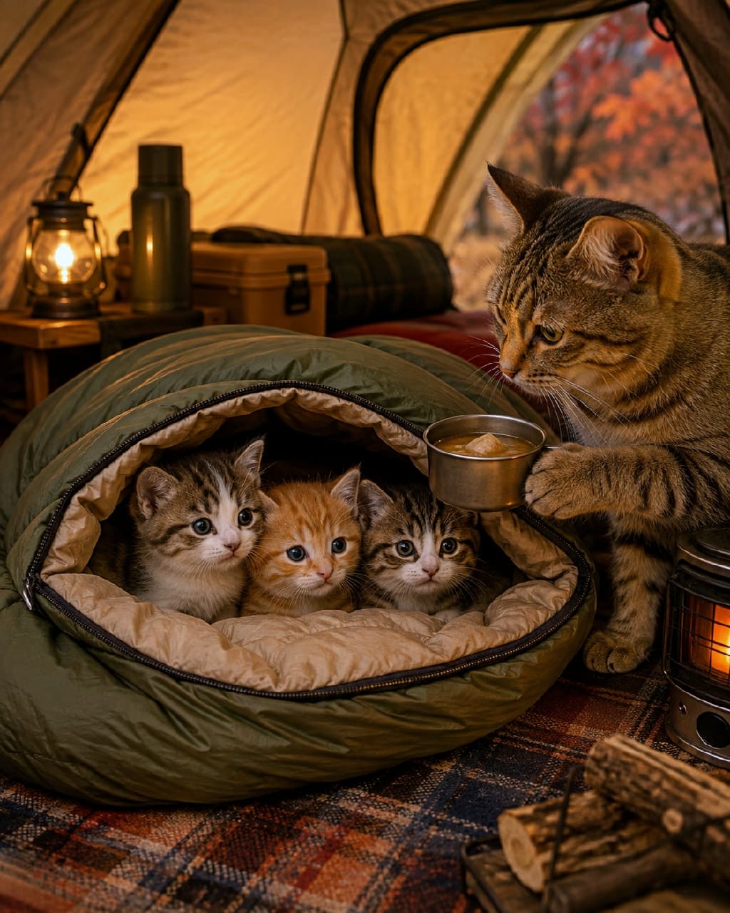 「ぬくぬくの寝袋で温まりながら、特製スープをどうぞニャ🍲🐾家族の絆にほっこり温まるキャンプの夜です⛺️✨ #芋煮会 #にゃんすたぐらむ #猫好きさんと繋がりたい #猫のいる風景」Ultra-realistic high-quality photograph of a large tabby cat skillfully holding a cup of soup with its paw, offering it to three adorable kittens (tabby-and-white and ginger) peeking out of an olive green sleeping bag inside a softly lit camping tent. 暖色のランタンの光が灯るテント内で、オリーブグリーンの寝袋からちょこんと顔を出すキジ白と茶トラの3匹の子猫たち。その右側で、立派な体格のキジトラの成猫が、前足を器用に使って具だくさんのスープが入ったカップを差し出しています。猫たちの真剣で愛らしい丸い瞳と、柔らかな被毛の質感が精細に描写された高画質な写真