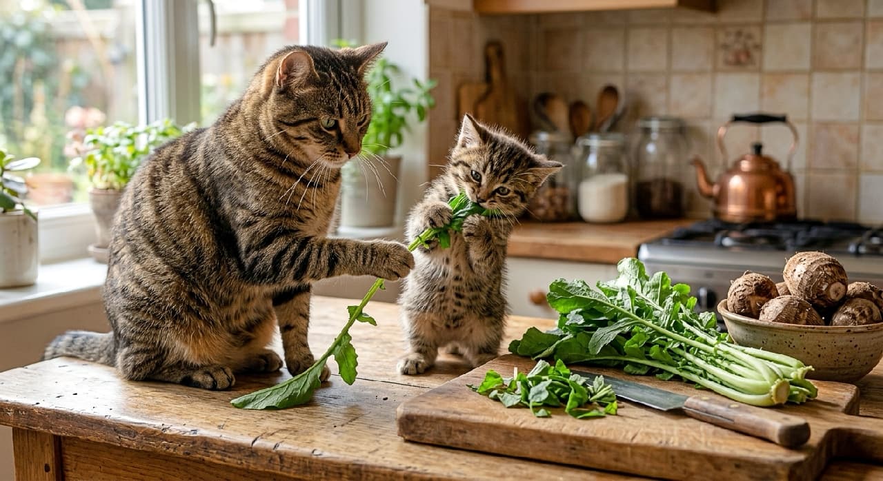「お料理のお手伝いニャ？それともイタズラかな😸元気いっぱいな子猫と見守る親猫の姿が最高です🥕✨ #芋煮会 #にゃんすたぐらむ #猫好きさんと繋がりたい #猫のいる風景」Ultra-realistic high-quality photograph of a tiny tabby kitten standing on its hind legs to play with a daikon radish leaf, while an adult tabby cat gently holds the stem with its paw on a rustic kitchen counter. Sunlight illuminates the fresh vegetables and their detailed tabby patterns. 自然光が差し込むカントリー調のキッチンで、大根の緑の葉っぱを後脚で立ち上がって引っ張る小さなキジトラの子猫と、それを前脚で優しく制止するようなキジトラの成猫。木製のまな板や里芋が入った器が配置され、日常の微笑ましい一コマを切り取った高画質写真