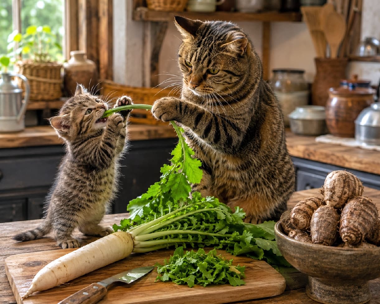 「ぼくも新鮮なお野菜食べたいニャー！🐾パパ猫さんとの微笑ましい引っ張りっこに思わず笑顔になりますね😸🥗 #芋煮会 #にゃんすたぐらむ #猫好きさんと繋がりたい #猫のいる風景」Ultra-realistic high-quality photograph of a playful tabby kitten biting and pulling a daikon radish leaf, while a large adult tabby cat gently holds it back with its paw on a wooden kitchen counter. Fresh daikon and taro potatoes add to the cozy, rustic atmosphere. アンティークな雰囲気の木製キッチンカウンターで、立派な大根の葉を小さな口で一生懸命に引っ張るキジトラの子猫と、その茎を前脚で押さえるキジトラの成猫。まな板の上の大根やボウルに盛られた里芋など、秋の味覚と猫たちの活き活きとした表情が魅力的な高画質写真