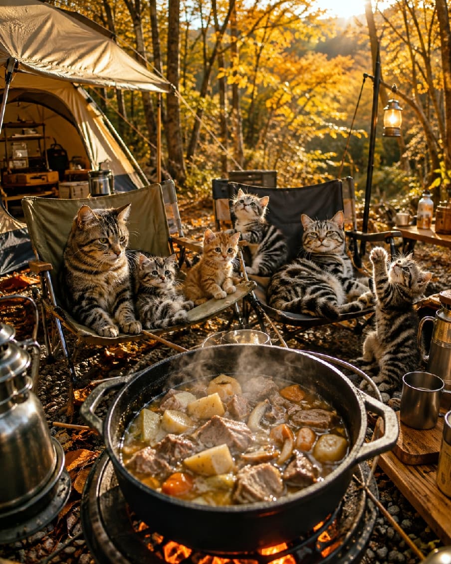「お外の空気とポカポカ陽気が最高だニャ☀️🏕️ご飯ができるまで、のんびり秋のキャンプを満喫中🍁🐾 #芋煮会 #にゃんすたぐらむ #猫好きさんと繋がりたい #猫のいる風景」Ultra-realistic high-quality photograph of a family of tabby cats relaxing on camping chairs at a sunny autumn campsite, surrounded by vibrant foliage. In the foreground, a delicious stew simmers in a Dutch oven over a campfire, while a playful kitten reaches up on the right side. 秋の陽射しが降り注ぐ美しい紅葉のキャンプ場で、手前には焚き火にかけられたダッチオーブンで熱々の芋煮が煮えています。奥のキャンプチェアには、立派な縞模様を持つキジトラやアメリカンショートヘア風の猫たちが家族のように並んで座り、一番右の小さなキジトラの子猫は立ち上がって無邪気に遊んでいる、平和な午後の情景を捉えた高画質写真