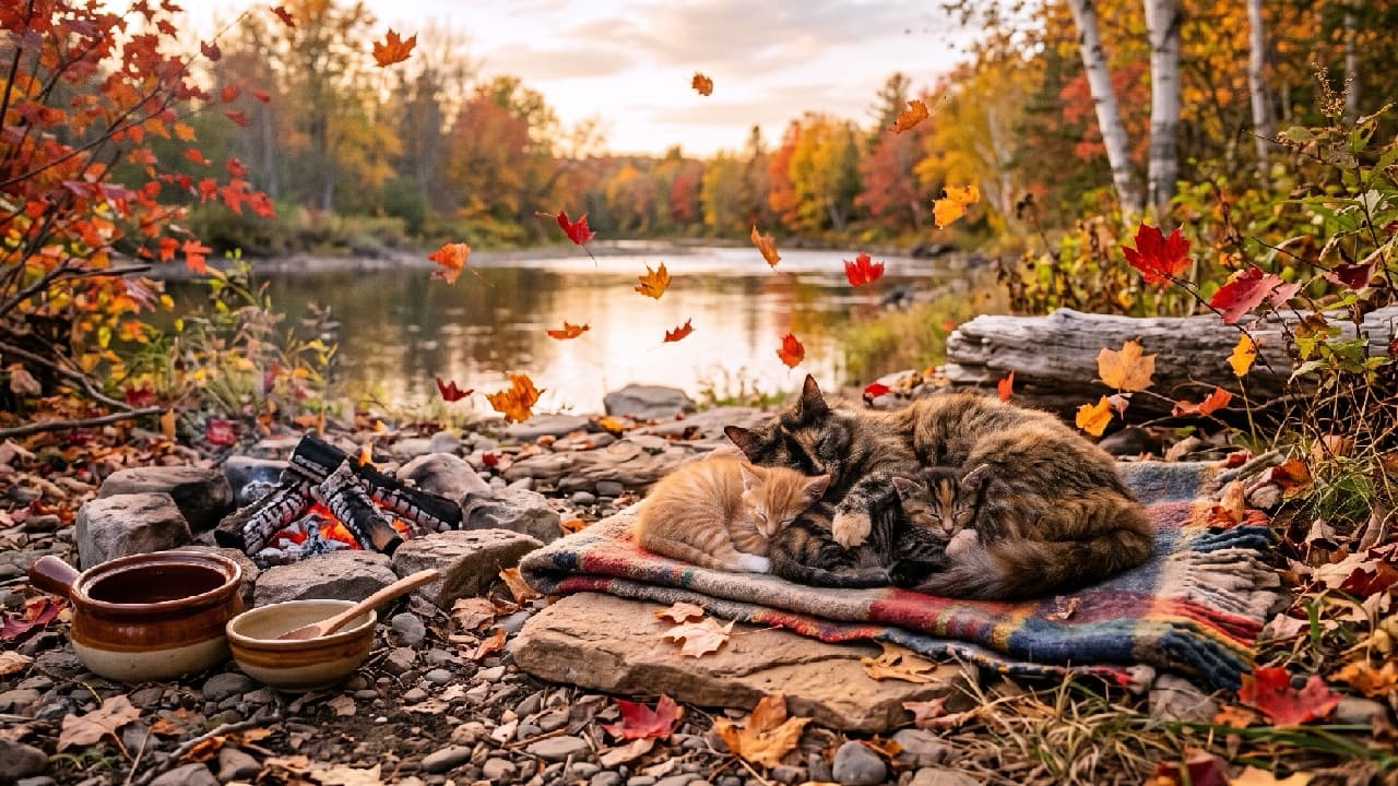 「いっぱい遊んでお腹もポンポン🍂あったかい毛布の上でスヤスヤお昼寝タイムですね🐾💤 #芋煮会 #にゃんすたぐらむ #猫好きさんと繋がりたい #猫のいる風景」Ultra-realistic high-quality photograph of a tortoiseshell cat and a ginger kitten sleeping curled up on a plaid blanket by a riverbank with falling autumn leaves. A dying campfire and a clay pot sit nearby, with warm evening light highlighting their soft fur. 美しい紅葉が舞い散る秋の川辺で、チェック柄のブランケットの上で丸くなって眠るサビ模様の成猫と茶トラの子猫。横には火の落ち着いた小さな焚き火や土鍋があり、暖かな秋の夕暮れの光が猫たちの柔らかな毛並みを優しく照らし出す、情緒あふれる高画質写真