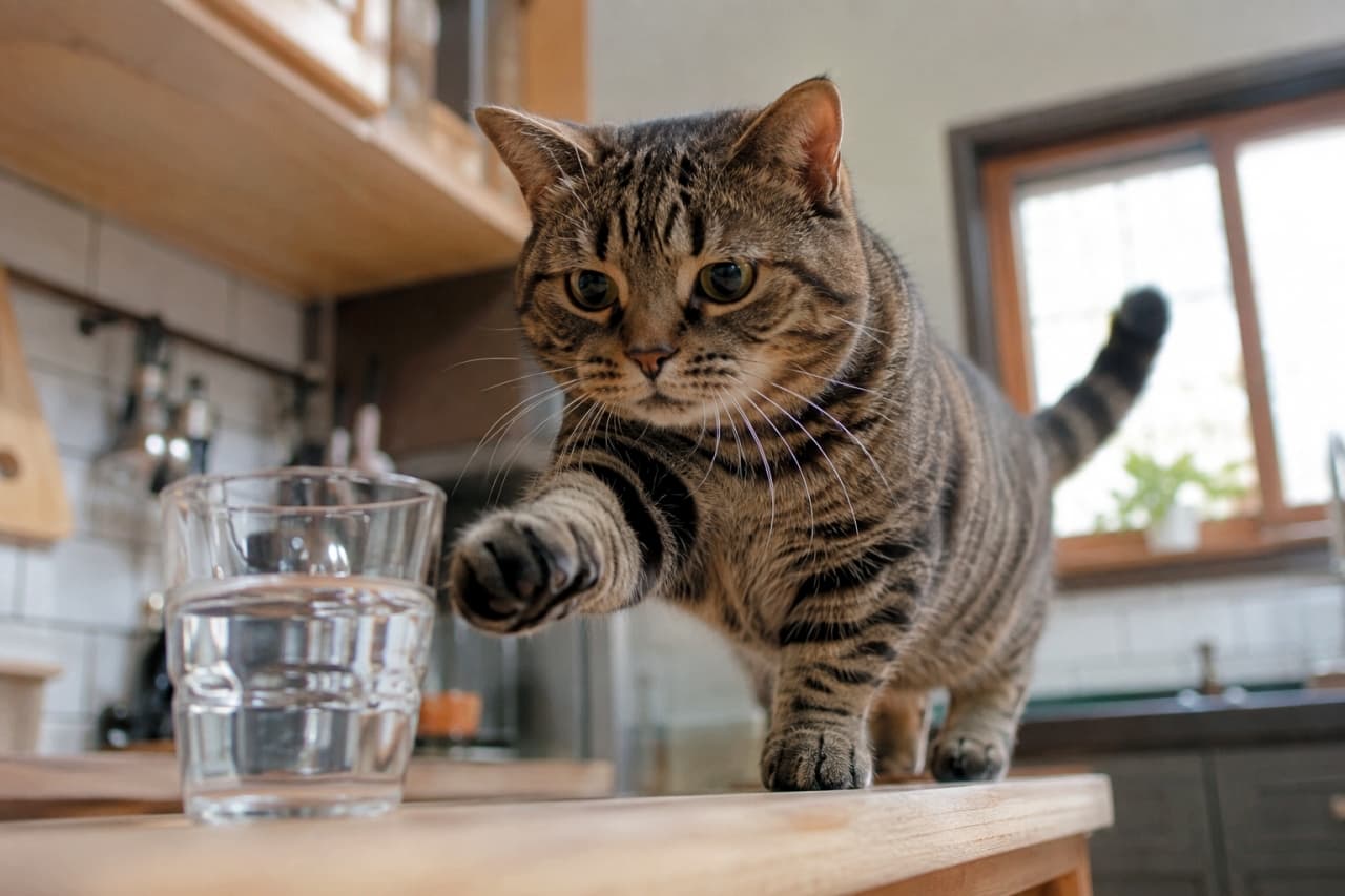 「お水まであと少しニャ!🐾 短いおててを一生懸命に伸ばす姿から目が離せませんね💧✨」Ultra-realistic high-quality low-angle photograph of a short-legged American Shorthair and Munchkin MIX brown tabby cat standing on a wooden kitchen counter. The cat is intensely focused, reaching its short front paw toward a clear glass of water. Soft natural light illuminates the home kitchen background, highlighting the cat's distinct tabby patterns and playful action. 自然光が差し込む明るいキッチンで、木製カウンターに置かれた水の入ったグラスに向かって短い前脚を思い切り伸ばす、アメリカンショートヘアとマンチカンのMIX猫。くっきりとしたブラウンタビーの被毛と真剣な丸い瞳、ピンと立った尻尾が特徴的です。ローアングルからの構図が、短足猫特有の一生懸命な仕草と愛らしさを強調