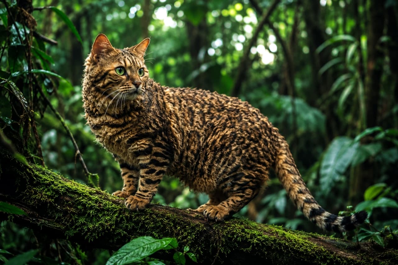 「ジャングルの奥深くでたくましいハンターを発見🌿🔥 クルクルの毛並みとワイルドな柄のギャップに惹き込まれますね🐾✨」Ultra-realistic high-quality atmospheric forest photograph of a large Bengal and Selkirk Rex MIX cat perched on a mossy fallen log in a dense jungle. The cat features wild rosette markings on a thick, highly curly coat. Its sharp green eyes are focused intently in the distance, beautifully illuminated by natural light against a backdrop of rich, deep greens. 鬱蒼とした緑豊かなジャングルで、苔むした太い倒木の上に立つベンガルとセルカークレックスのMIX猫。野性的なヒョウ柄(ロゼット)と厚くカールした被毛を併せ持っているのが特徴的です。美しいグリーンの瞳で周囲を鋭く見据えるポーズが、深い緑の背景と差し込む自然光によって照らされ、大自然の圧倒的な生命力を感じさせる高画質な写真