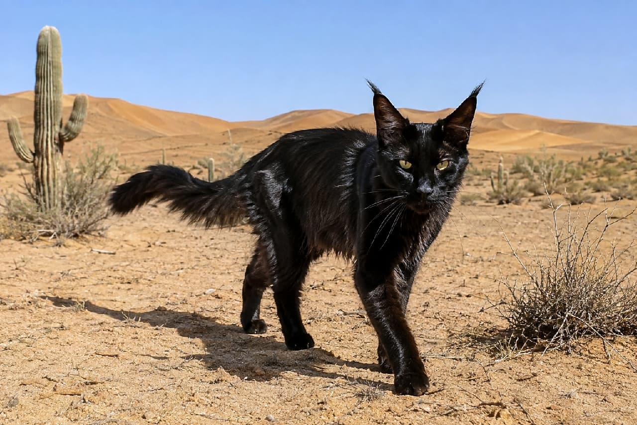「灼熱の砂漠を歩く、漆黒のハンター発見🐾!風になびく毛並みと鋭い視線がかっこよすぎますよね🌵✨」Ultra-realistic high-quality photograph of a slender, solid black Maine Coon and Oriental Shorthair MIX cat walking across a desert landscape. The cat features large ears, textured thick fur, and piercing yellow-green eyes. Harsh, direct sunlight creates deep shadows and highlights the cat's impressive black coat against the arid sand dunes and a tall cactus under a clear blue sky. 雲一つない青空と巨大なサボテンが立つ砂漠の砂丘を、力強く歩くメインクーンとオリエンタルショートヘアのMIX猫。スレンダーでしなやかな体に大きな耳、そしてメインクーン特有の豊かな毛吹きを併せ持つ漆黒の被毛が特徴的です。鋭いイエローグリーンの瞳でカメラを真っ直ぐ見据え、強烈な直射日光が黒い毛並みの立体感と大地に落ちる濃い影をドラマチックに際立たせています