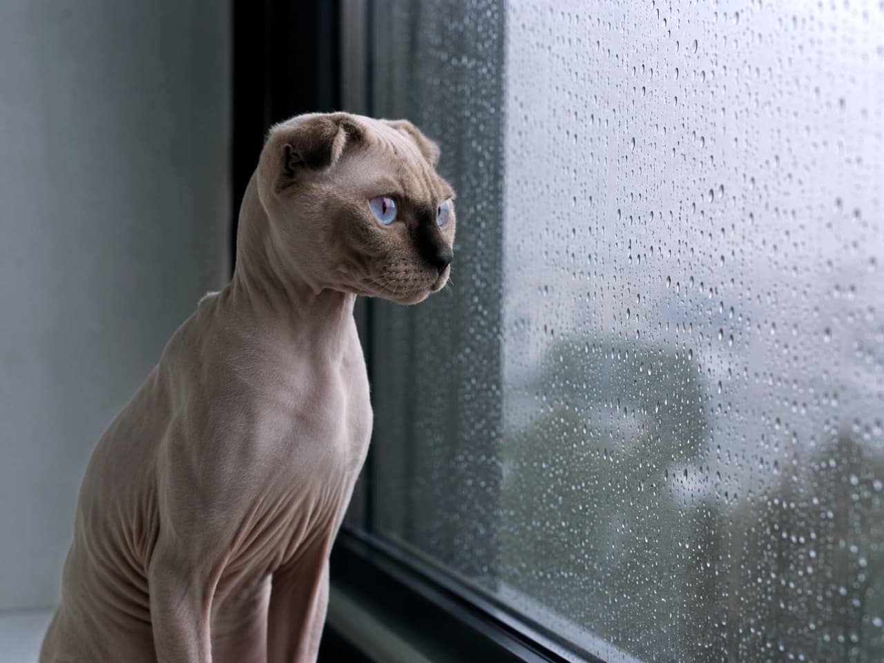 「窓についた雨粒をじっと見つめるミステリアスな横顔☔️ 吸い込まれそうな青い瞳の美しさにドキッとしますね🐈✨」Ultra-realistic high-quality close-up photograph of a completely hairless Siamese, Scottish Fold, and Sphynx MIX cat looking out a rain-streaked window. The feline displays intricate skin wrinkles, folded ears, a dark pointed face, and striking sapphire blue eyes. The moody, natural daylight and the cold, rainy background beautifully emphasize the cat's unique features and mesmerizing gaze. 雨粒が滴る大きな窓ガラスのそばで、物憂げに外を見つめるシャム×スコティッシュフォールド×スフィンクスのMIX猫のクローズアップ。無毛の肌に刻まれた細かなシワ、垂れた小さな耳、顔の中心のダークなポイントカラーがくっきりと描写されています。冷たい雨の景色と、鮮やかで大きなサファイアブルーの瞳のコントラストが息を呑むほど美しい、高画質な一枚