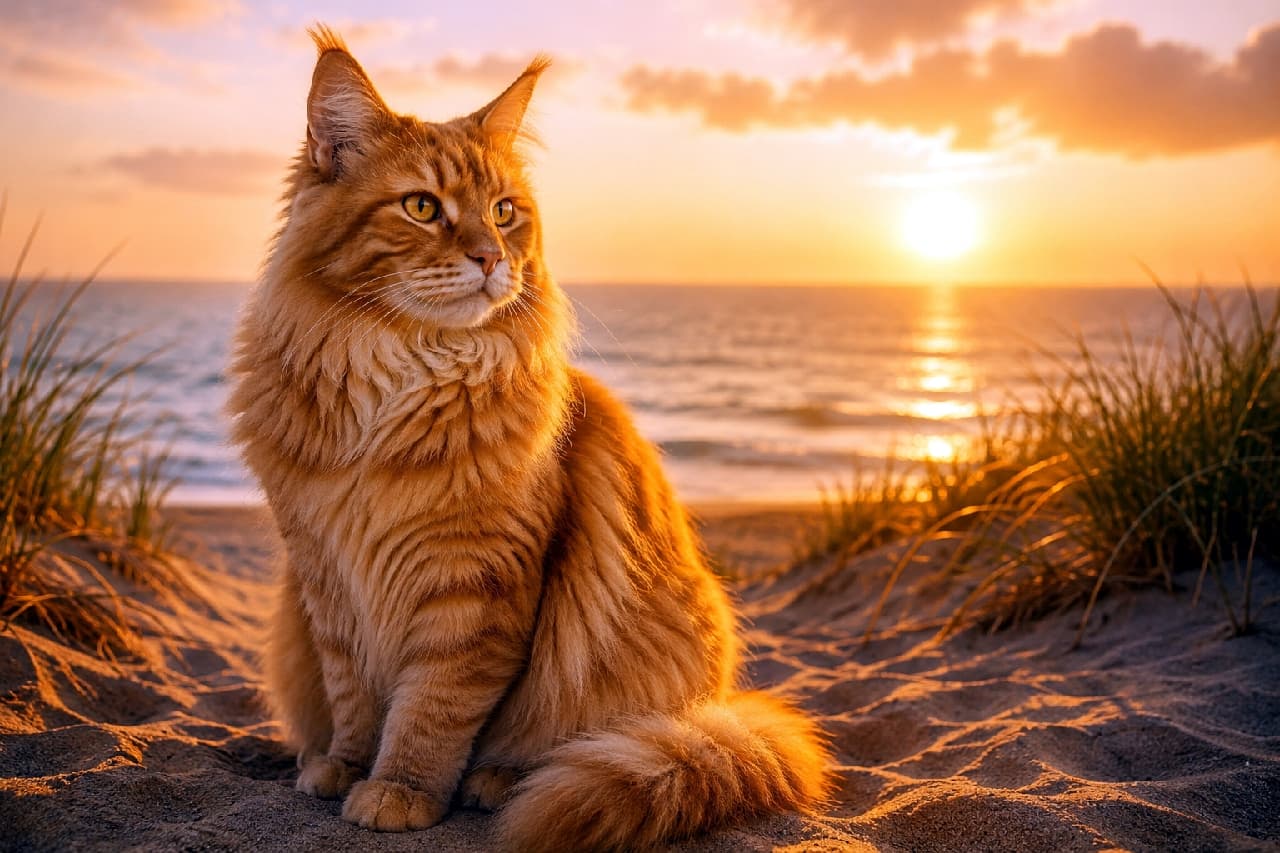「黄金色の夕陽を浴びるモフモフの王様🦁✨ 波の音が聞こえてきそうな美しい一枚に心奪われますね🌅🐈」Ultra-realistic high-quality cinematic photograph of a large, fluffy Maine Coon and Golden Tabby DSH MIX cat sitting on a sand dune at sunset. The cat features golden fur with faint tabby stripes and prominent ear tufts. It is looking softly into the distance with amber eyes, bathed in warm, golden hour light. The background showcases a tranquil ocean and beach grass, creating a deeply dramatic and atmospheric scene. 黄金色に輝く夕暮れの海辺で、砂丘に静かに座るメインクーンとゴールデンタビーのMIX猫。ふさふさとした豊かな長毛と耳先の飾り毛(リンクスティップ)が特徴的で、被毛にはうっすらとトラ柄(タビー)が浮かんでいます。夕陽の暖かい光を全身に浴びて琥珀色の瞳を細める美しい横顔と、背景の穏やかな波、なびく海草が、シネマティックでドラマチックな情景を作り出しています