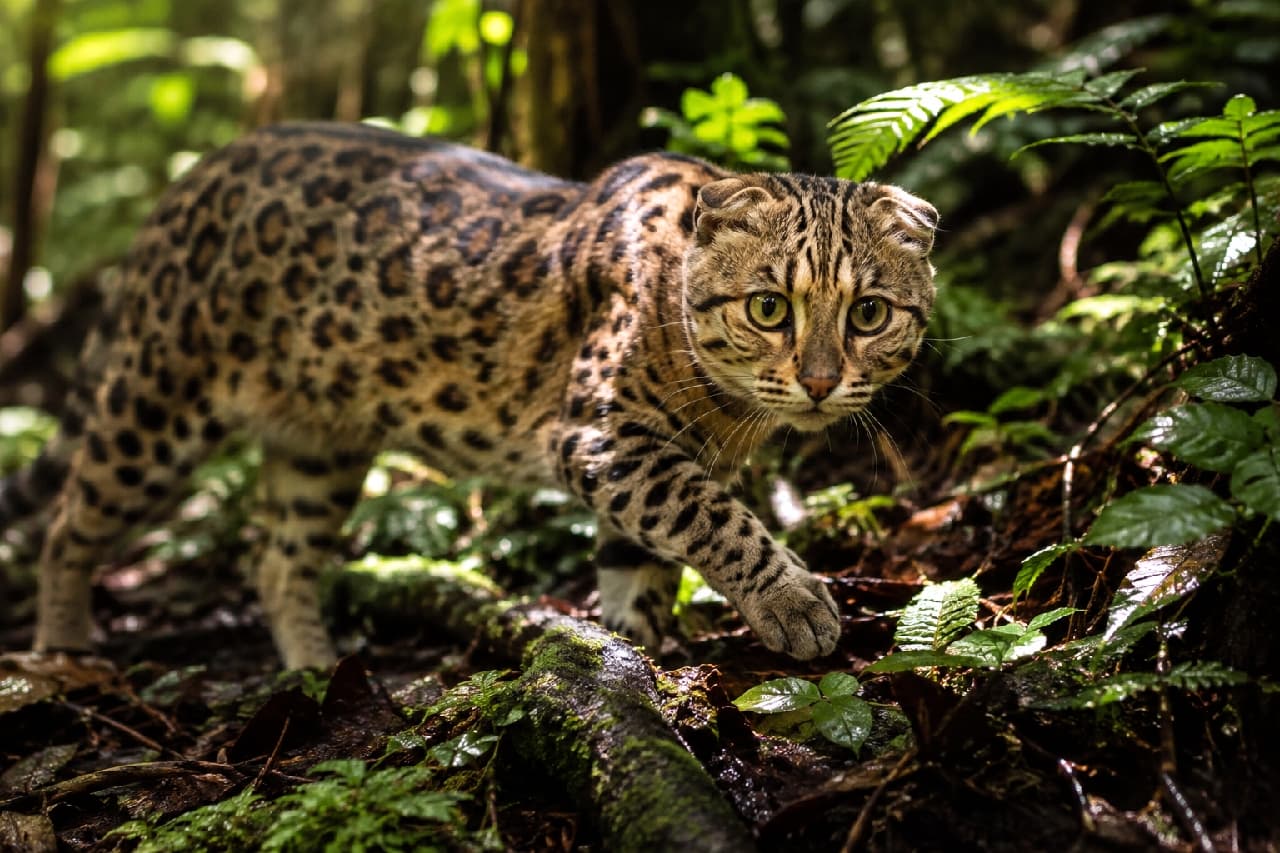 「ジャングルを探検中のワイルドなハンター発見👀🌿 折れ耳とヒョウ柄の組み合わせが最高にクールですよね🐾✨」Ultra-realistic high-quality wildlife photograph from a low angle, showing a Savannah and Scottish Fold MIX cat exploring a lush rainforest floor. The cat features wild rosette markings and folded ears, stepping forward on wet leaves and green ferns. Dappled sunlight beautifully highlights its focused eyes and striking coat pattern. 鬱蒼とした熱帯雨林の地面を歩く、サバンナとスコティッシュフォールドのMIX猫。鮮やかなヒョウ柄(ロゼット)と折れ耳のギャップが魅力的です。濡れた落ち葉やシダ植物が生い茂る中、美しい木漏れ日を浴びながら真剣な瞳で前を見据え、力強く一歩を踏み出す姿をローアングルで捉えた臨場感あふれる一枚