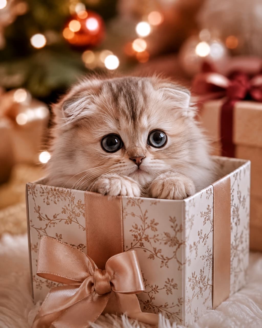 「プレゼント箱からひょっこり登場🎁✨ こんな最高のサプライズ、絶対に笑顔になっちゃいますよね🐈💖」Ultra-realistic high-quality cute portrait photograph of a very small Scottish Fold, Singapura, and Norwegian Forest Cat MIX kitten peeking out of a decorated floral gift box with a large ribbon. The kitten features folded ears, long fluffy fur, and large, expressive round eyes. Warm festive lighting and beautiful bokeh from holiday decorations in the background create a cozy and celebratory atmosphere. 暖かな光に包まれたホリデーシーズンの背景を前に、大きなリボンが付いたエレガントなボタニカル柄のギフトボックスから顔を覗かせるスコティッシュフォールド×シンガプーラ×ノルウェージャンのMIX子猫。シンガプーラ由来の小さな体に、折れ耳、ノルウェージャン特有の長くてふわふわな被毛を備え、大きくて丸い瞳でカメラを真っ直ぐに見つめています。背景の美しい玉ボケがイルミネーションとなり、お祝いの温かで特別な雰囲気を演出
