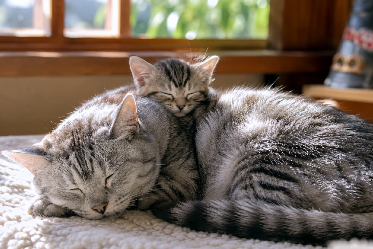 「背中の温もりに安心しておやすみ💤シニア猫と子猫の寄り添う姿は、見ているだけで幸せのおすそ分けをもらえますね🍀 #老猫 #多頭飼い」Ultra-realistic high-quality photograph of a senior silver tabby cat and a kitten sleeping soundly together by a bright window, curled up on a white fluffy rug. 窓辺の明るい光の中、白いもこもことしたラグの上で丸くなって眠る高齢のサバトラ猫と、その背中にぴったりと寄り添って眠る小さな子猫。美しいシルバーの縞模様が重なり合い、世代を超えた深い愛情が感じられる